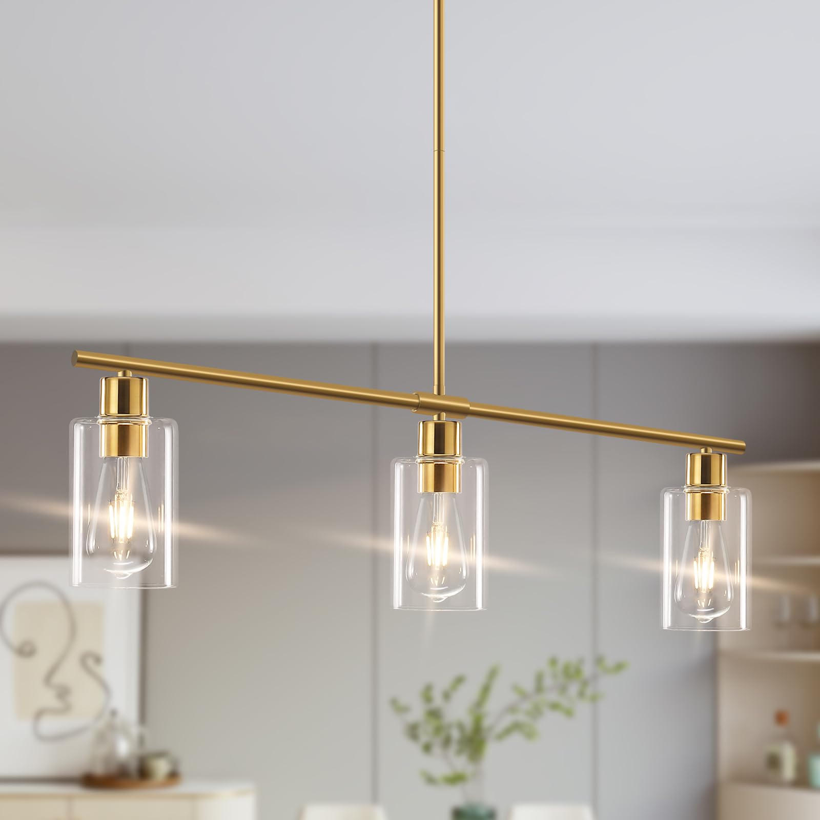 Kitchen Island Lighting, 3 Lights Linear Chandeliers Rectangle Pendant Light Fixtures for Dining Room Farmhouse Hanging Light with Glass Shades Hanging Lights - Gold