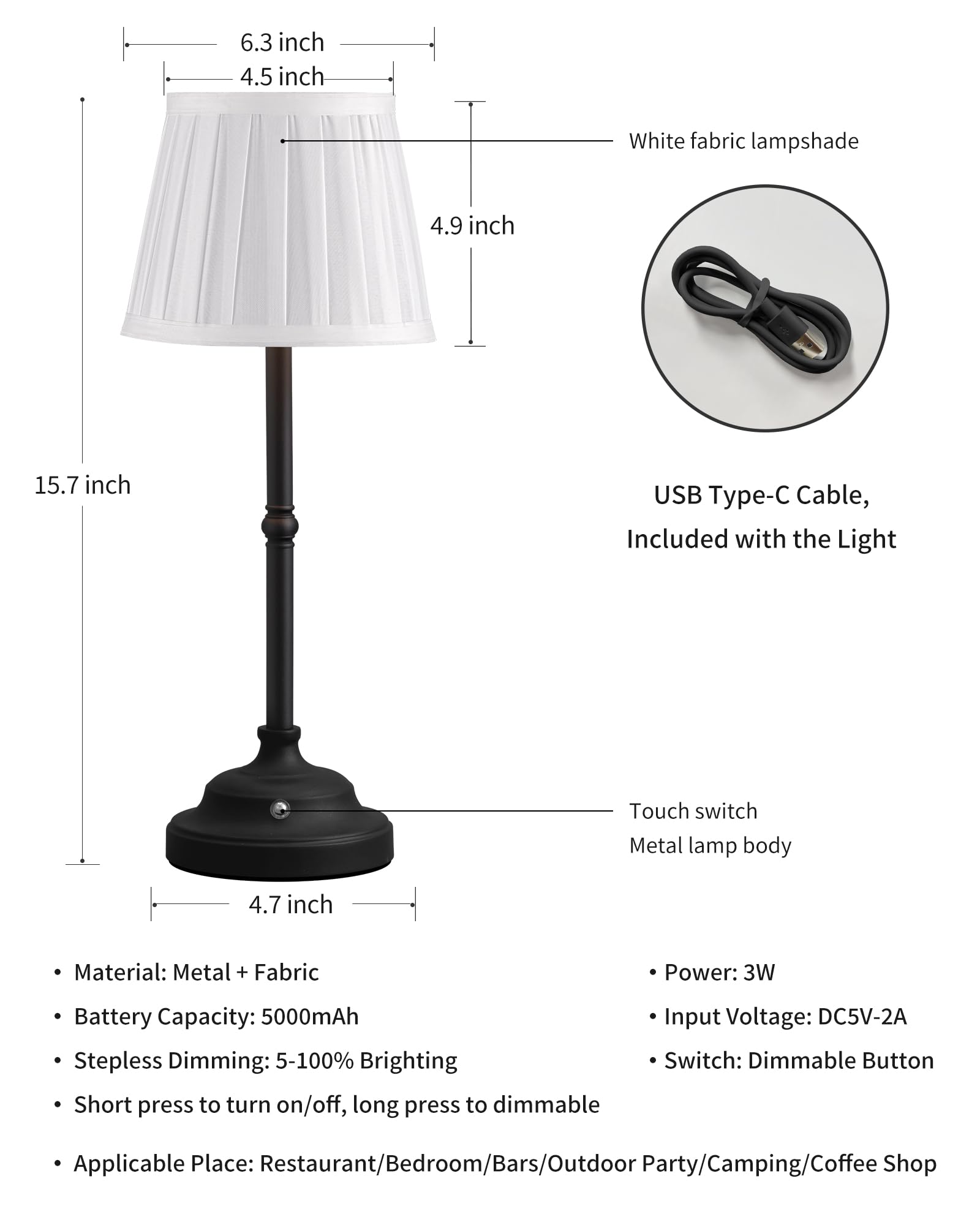 KDG Portables Cordless Table Lamp, Fabric Shade Desk Lamp, 5000mAh Rechargeable Battery Powered Lighting, Dimmable Light for Dining Room, Bedroom, Bedside, Bar, Night Light, Camping, Balcony (Bronze)