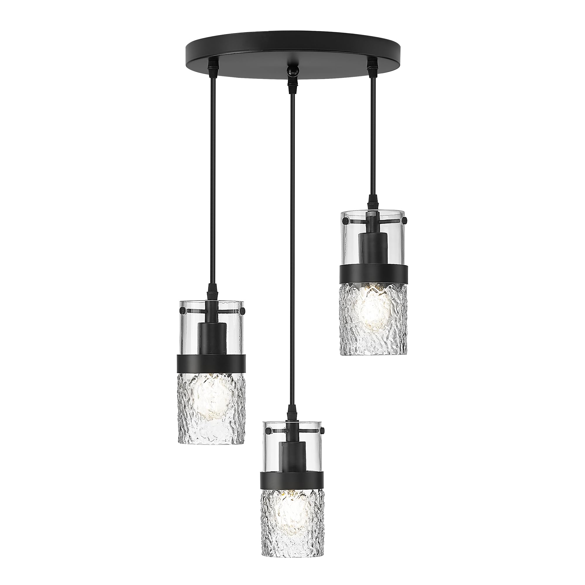 LMS 4-Light Island Lights, Farmhouse Light Fixtures with Hammered Glass Shade, Matte Black Linear Chandelier Pendant Lighting Over Table for Adjustable Height, Kitchen Island, LMS-171BK-4