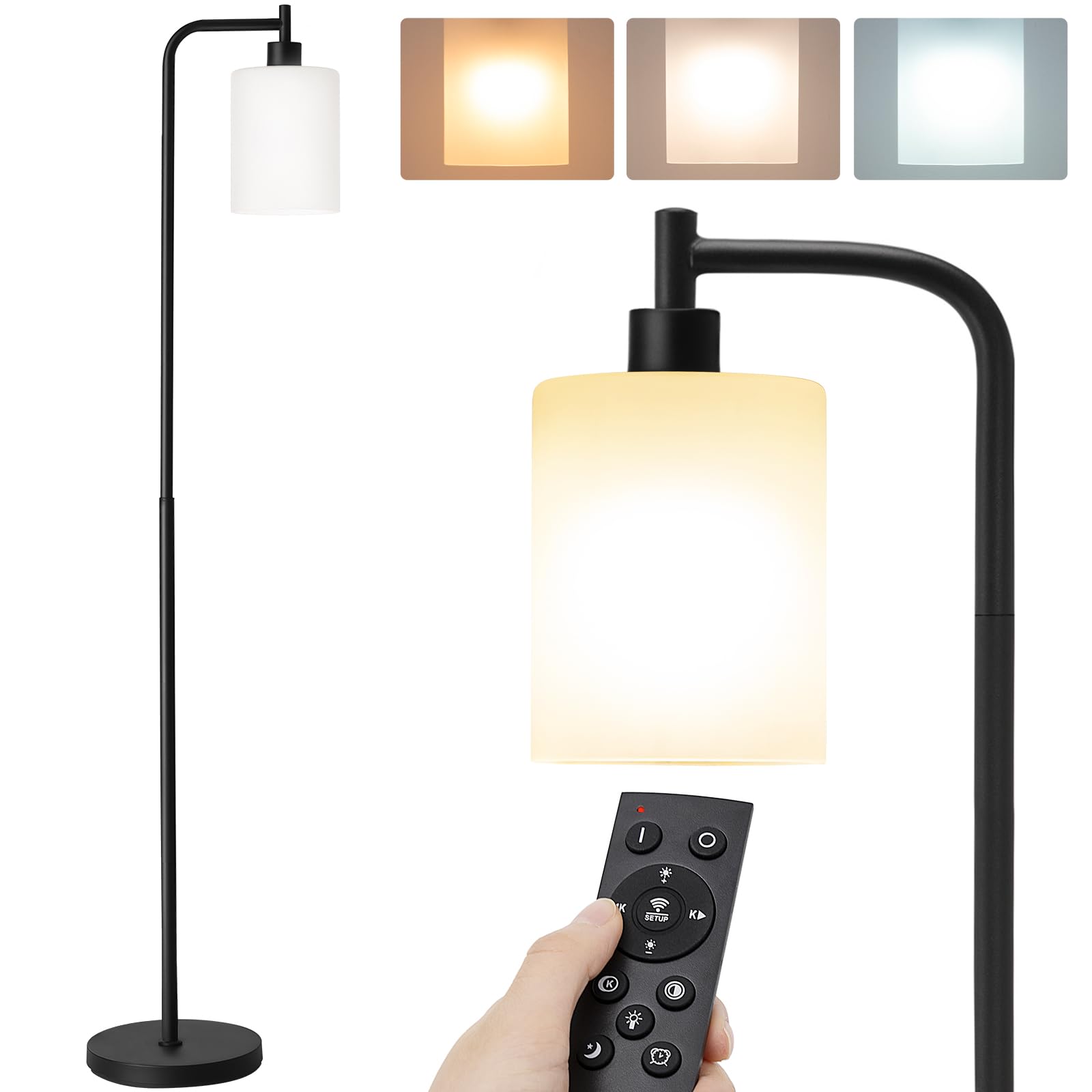 Floor Lamps for Living Room Bright Lighting with Glass lampshade, Modern Bright Floor Lamp with LED Bulbs Industrial Standing lamp for beroom, Tall Pole Lamps Office - Black