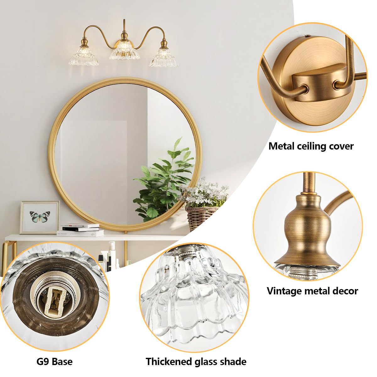 2-Pack Modern Wall Sconces Gold Bathroom Vanity Lighting Fixtures Beautiful Wall Light Set of Two for Bedroom Bathroom Hallway Living Room Decor