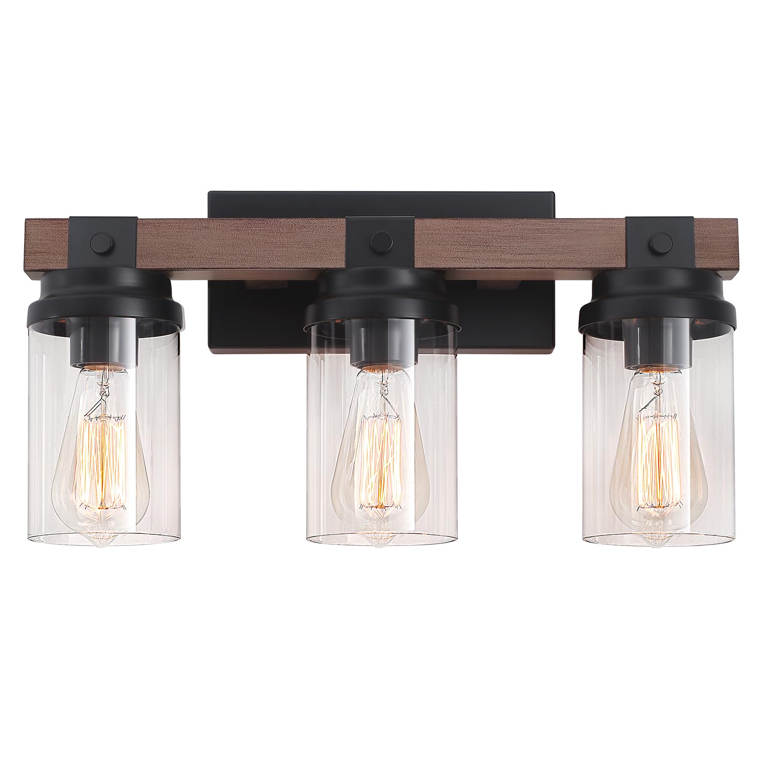 2-Light Farmhouse Vanity Lights for Bathroom, Rustic Bathroom Light Fixtures with Pretty Glass Shade, Black Industrial Wood Grain Wall Sconce for Bathroom Hallway Bedroom