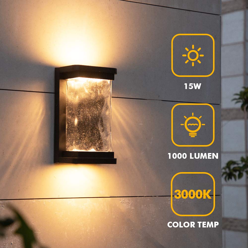 2 Packs 1000 Lumen 3000K LED Wall Light with Seeded Glass, Dusk to Dawn Modren Porch Light, Indoor Outdoor Sconce Wall Lighting