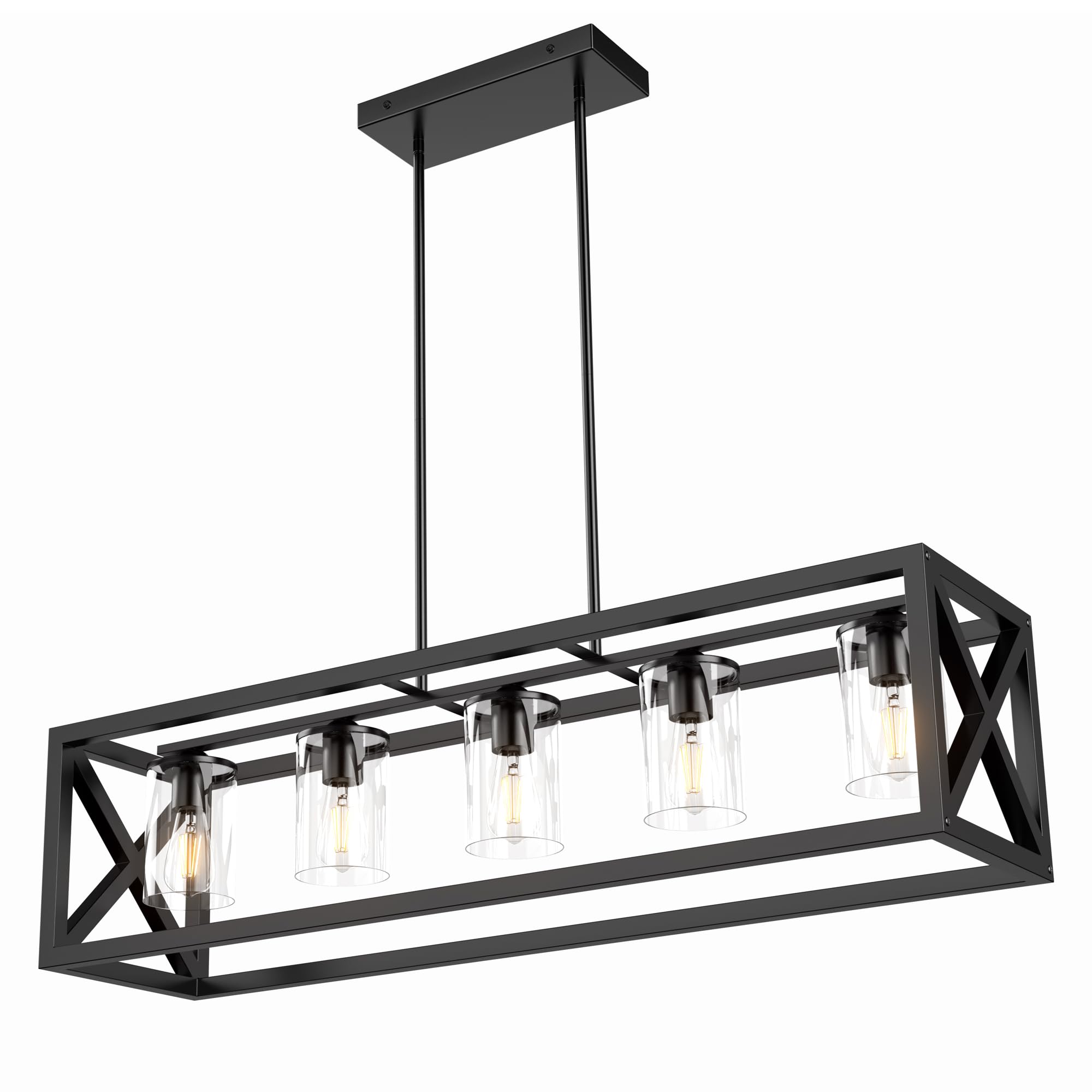 Farmhouse Chandelier Rectangle Black, 5 Light Kitchen Island Cage Linear Pendant Lights Industrial Ceiling Light with Glass Shade & Adjustable Rods, Dining Room Lighting Fixtures over Table