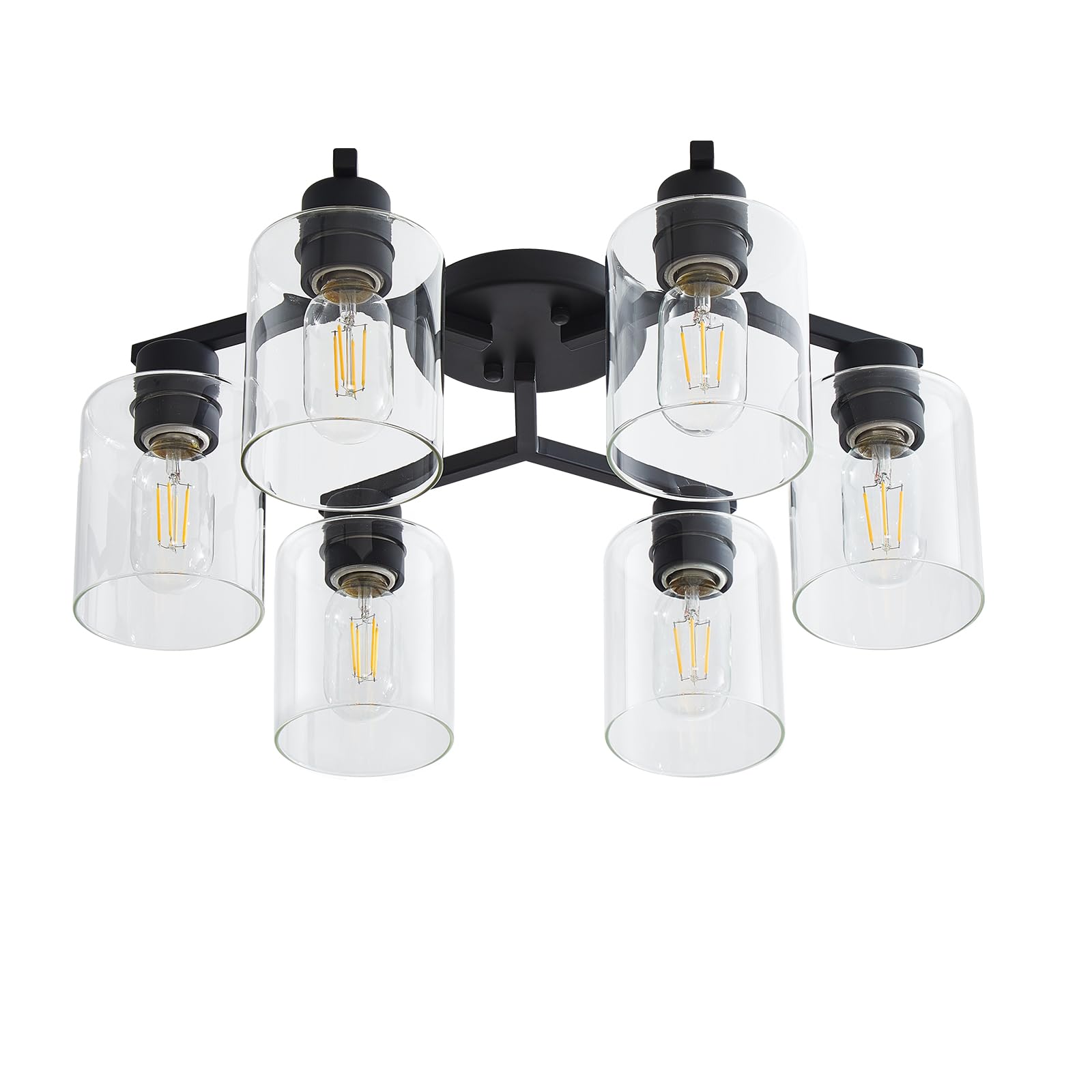 6 Light Semi Flush Mount Ceiling Light, Kitchen Lighting Fixtures Ceiling, Industrial Black Ceiling Light Fixtures with Clear Glass Shade for Hallway, Foyer, Farmhouse, Bedroom, Living Room