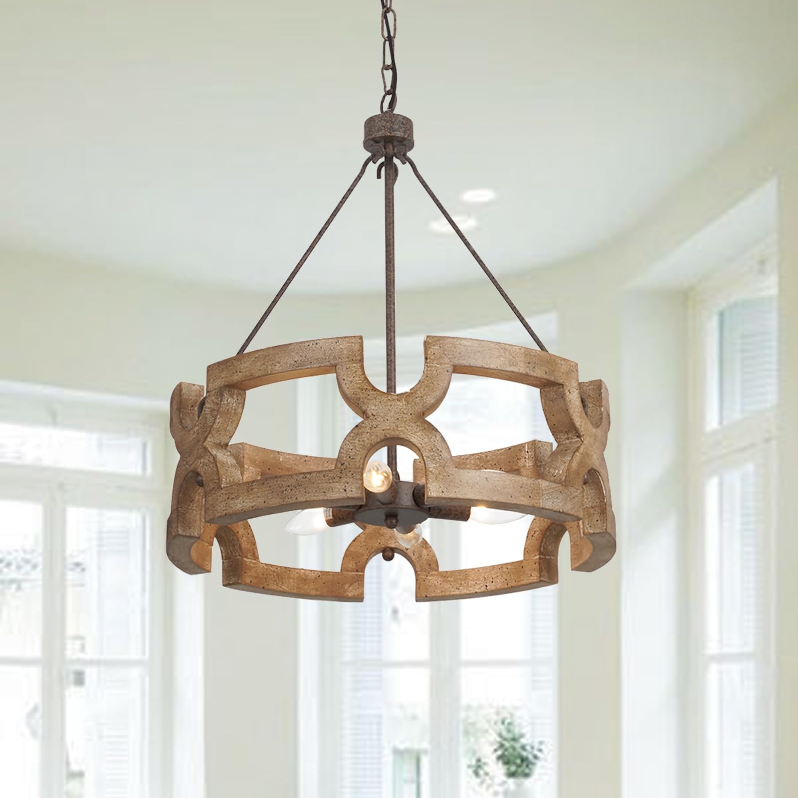 Wood Chandelier 6-Light Vintage Farmhouse Chandeliers Drum Chandeliers Light Fixtures Dining Wooden Chandelier Light Rustic Ceiling Chandelier Light for Living Room Kitchen Island