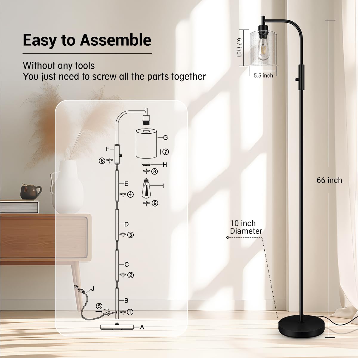 Floor Lamp, 6W Black Modern Floor Lamp with 4W Adjustable Reading Lamp, 2700K Energy-Saving LED Bulbs Included, Industrial Bright Floor Lamp for Bedroom, Living Room and Office