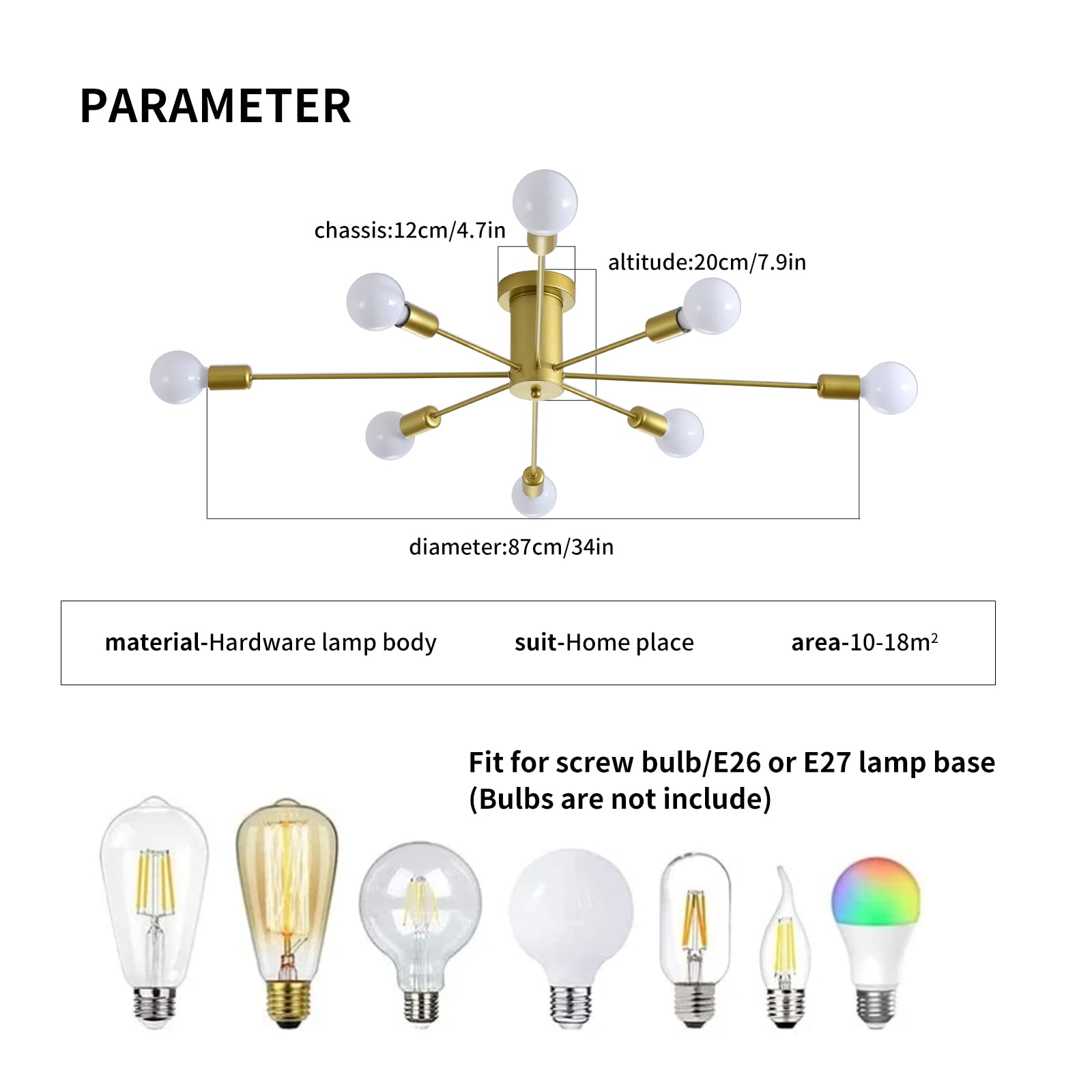 10 Lights Modern Sputnik Ceiling Chandelier Gold Industrial Ceiling Lamp Mid Century Semi Flush Mount Ceiling Light Fixture for Kitchen Dining Room Living Room Bedroom Foyer Lighting