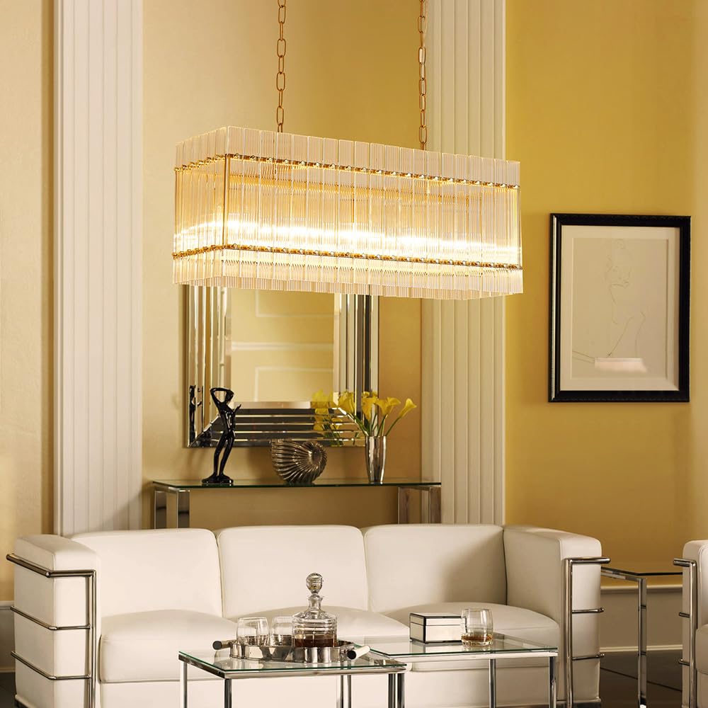 Saint Mossi 21032 Drum Chandelier Light Fixture, Doule Layer Middle Century Modern Design, with 5-Light, D18 x H10, Adjustable 59" Chains, Ripple Glass Shade & Gold Finish Metal Frame