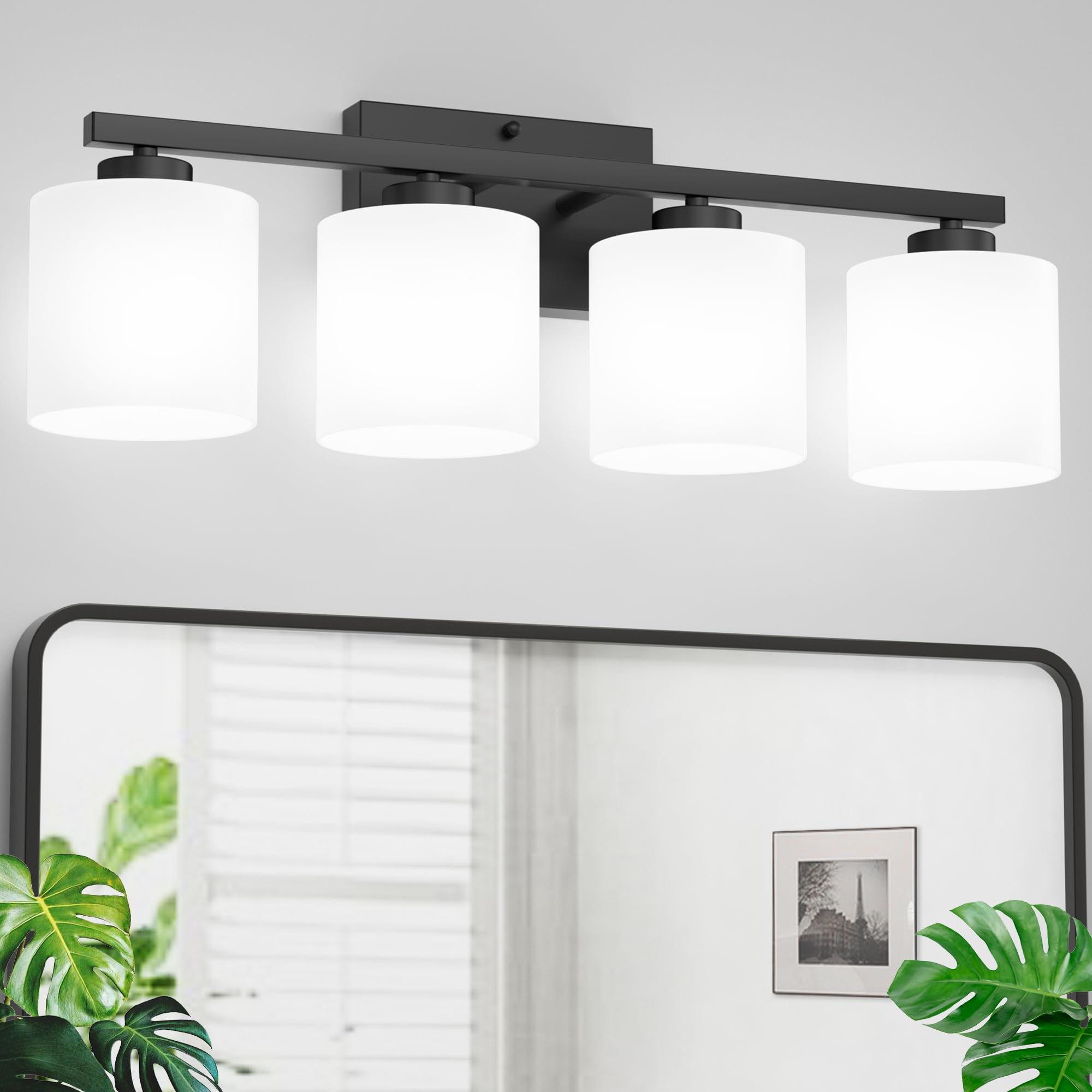 Honesorn Bathroom Light Fixtures 4-Light, Matte Black Bathroom Vanity Light Over Mirror, Modern Vanity Lights for Bathroom with Frosted Shade & Anti-Rust Nickel Finished, E26 Base Vanity Lighting