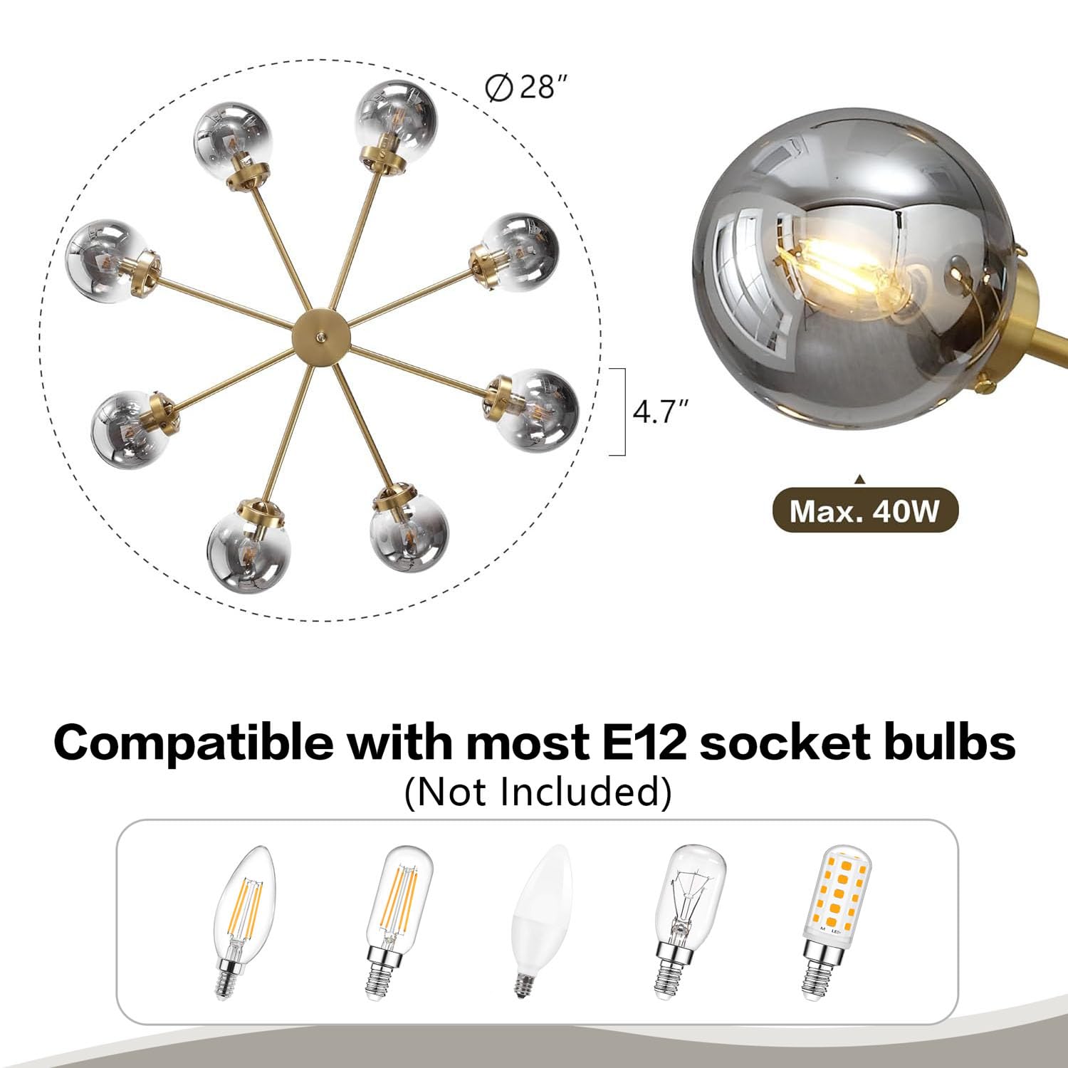 6-Light Sputnik Chandelier, Modern Pendant Light Fixture with 4.7" Clear Glass Globe Shade for Flat and Slop Ceiling, Height Adjustable for Kitchen Living Room Dining Room Bedroom, Black