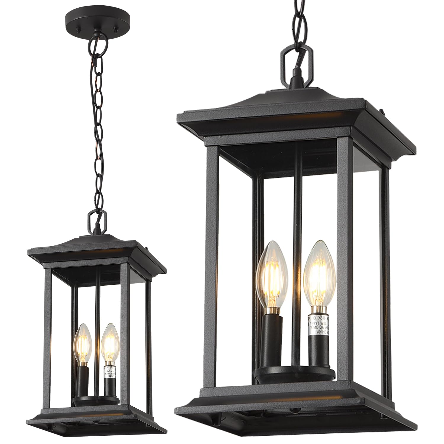 Large Outdoor Pendant Light, 3-Light Outdoor Chandelier, Retro Exterior Hanging Lantern, Hanging Outdoor Light Fixture for Porch, Seeded Glass Sheet with Matte Black Finish