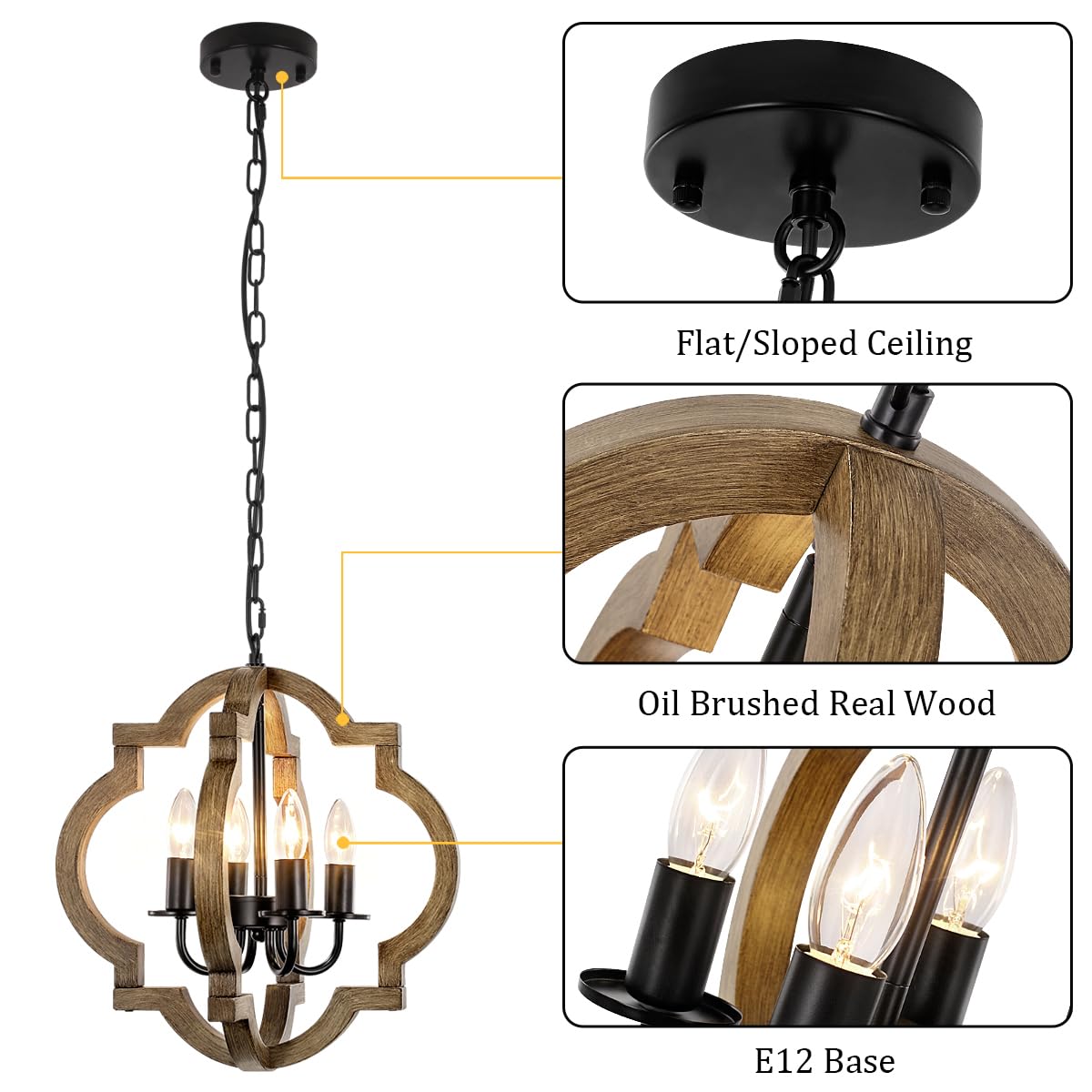 Farmhouse Orb Chandelier, Rustic Wood Chandelier for Dining Room, 4-Light Pendant Light for Kitchen Island Hallway Foyer Entryway Bedroom, Adjustable Height