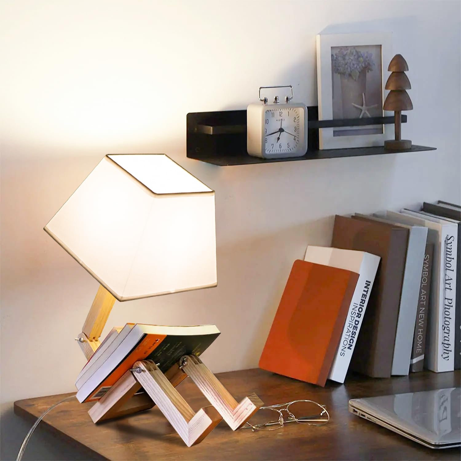 Cute Desk Lamp, Dimmable Robot Table Lamps, Wood Bedside Lamps Nightstand Lamp for Bedroom, Study, Office, Living Room