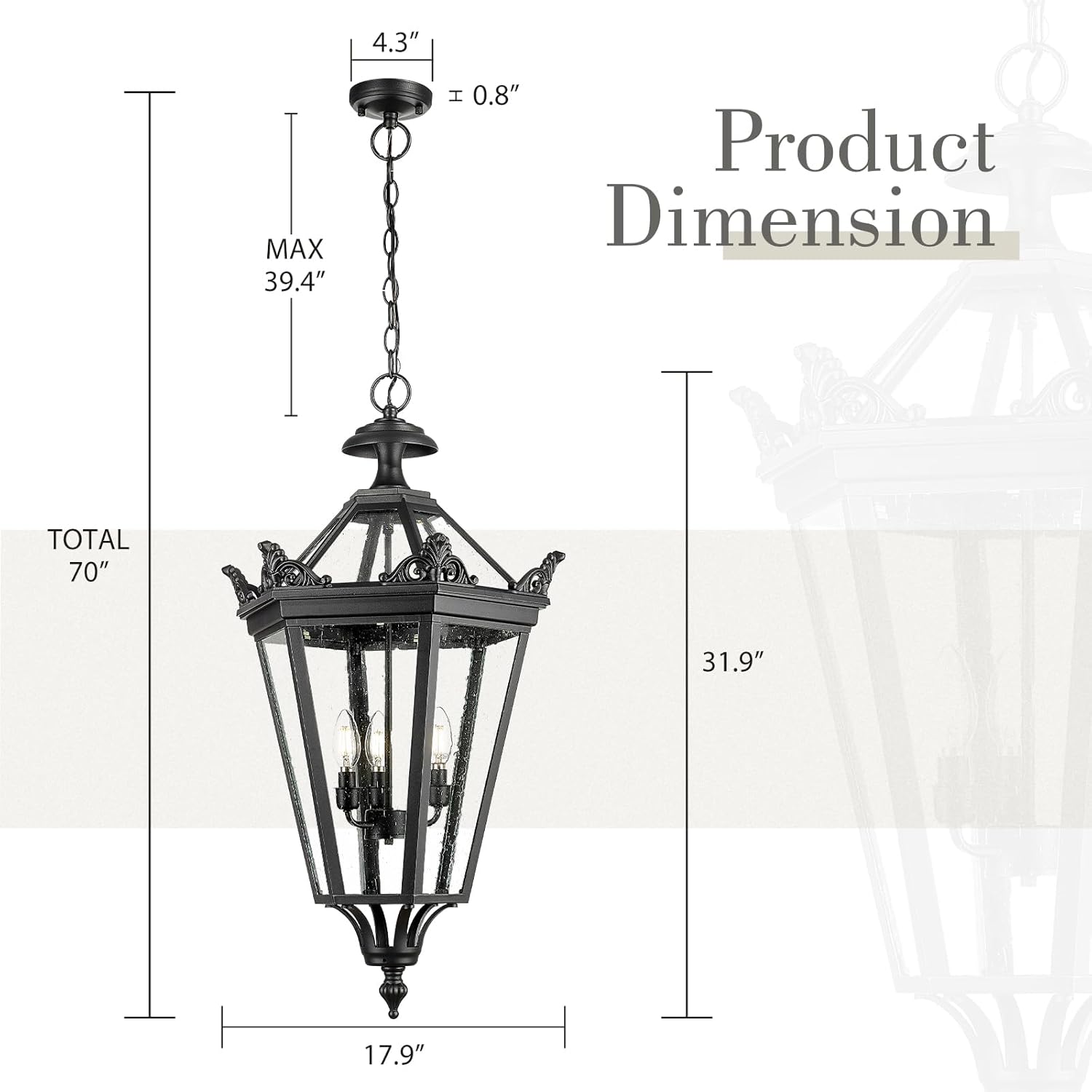 32 Inch Outdoor Front Door Hanging Light, Farmhouse Exterior Pendant Lantern Waterproof Ceiling Mount with Seeded Glass, Black Finish, XE283H BK