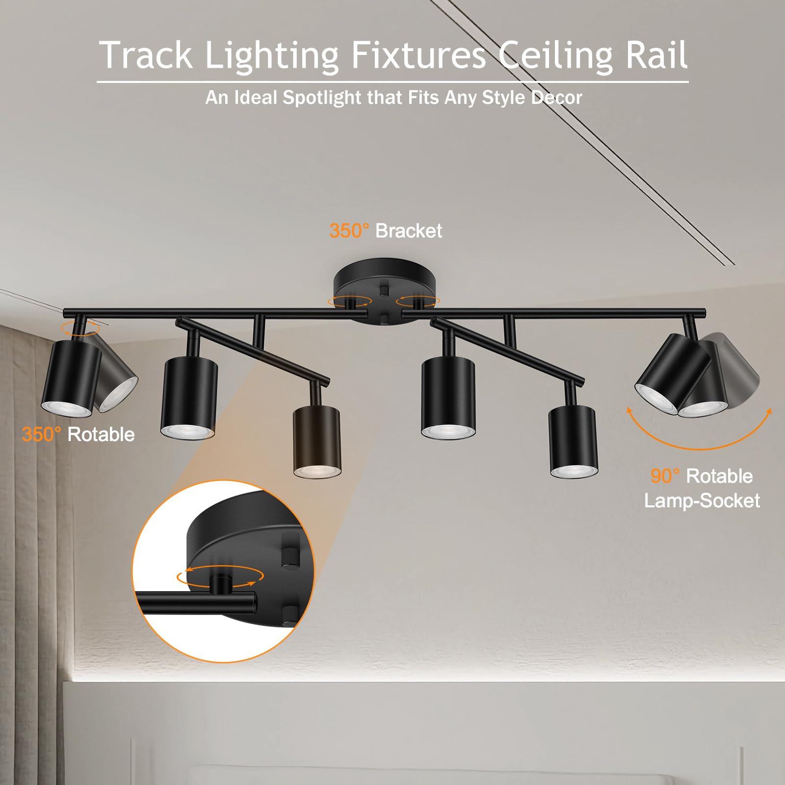 LED 2 Light Track Lighting Kit, Black 2 Way Ceiling Spot Lighting, Flexibly Rotatable Light Head for Kitchen, Living Room, Bedroom, GU10 Bulb Not Included