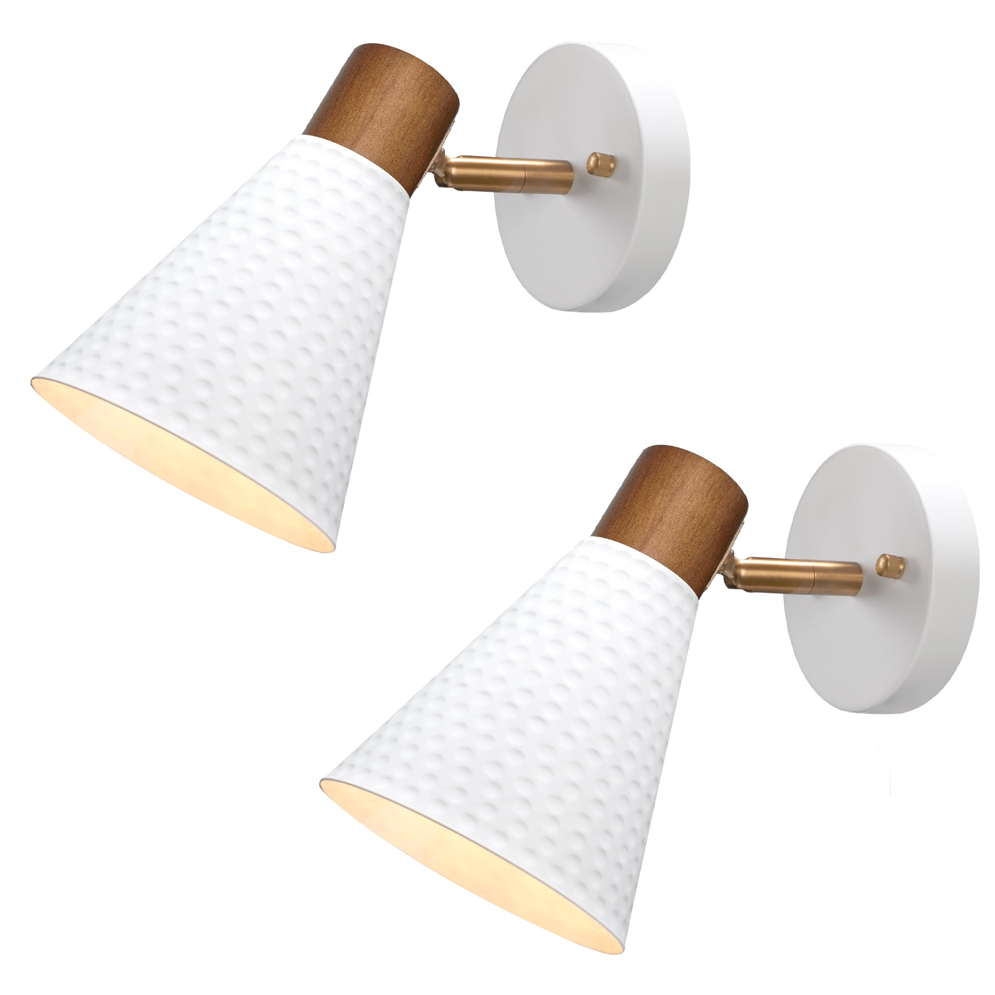 White Plug in Wall Sconces Set of 2, Modern Wall Light with Plug in Cord, Wooden Plug in Wall Lamps with Hammered Metal Shade, Corded Wall Sconce Light Plug in for Bedroom, Living Room, Hallway