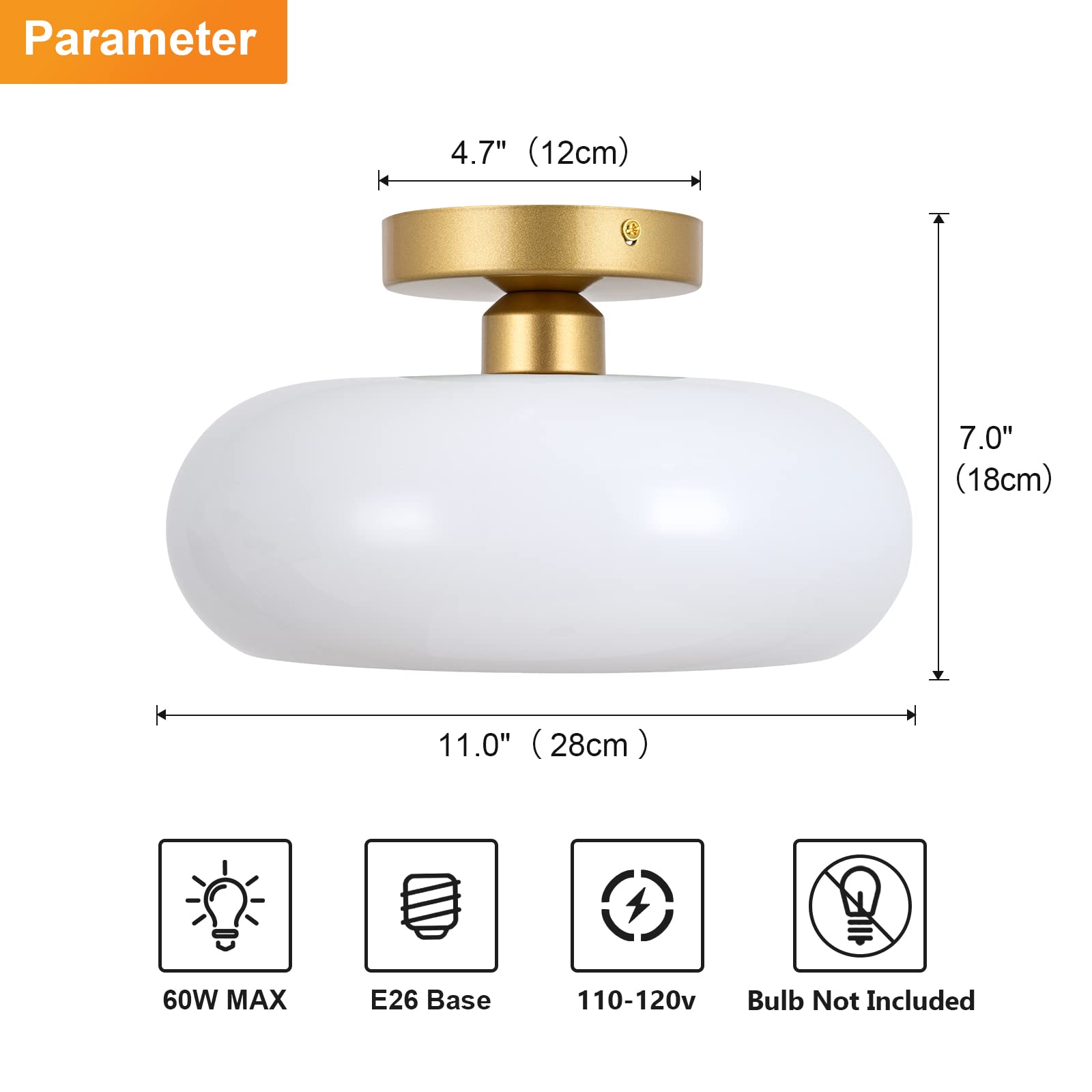 Mid-Century Modern Gold Semi Flush Mount Ceiling Light, Kitchen Ceiling Light Fixture with Glass Shade, Vintage White Close to Ceiling Lamp for Entryway Hallway Bathroom (8.66 Inch)