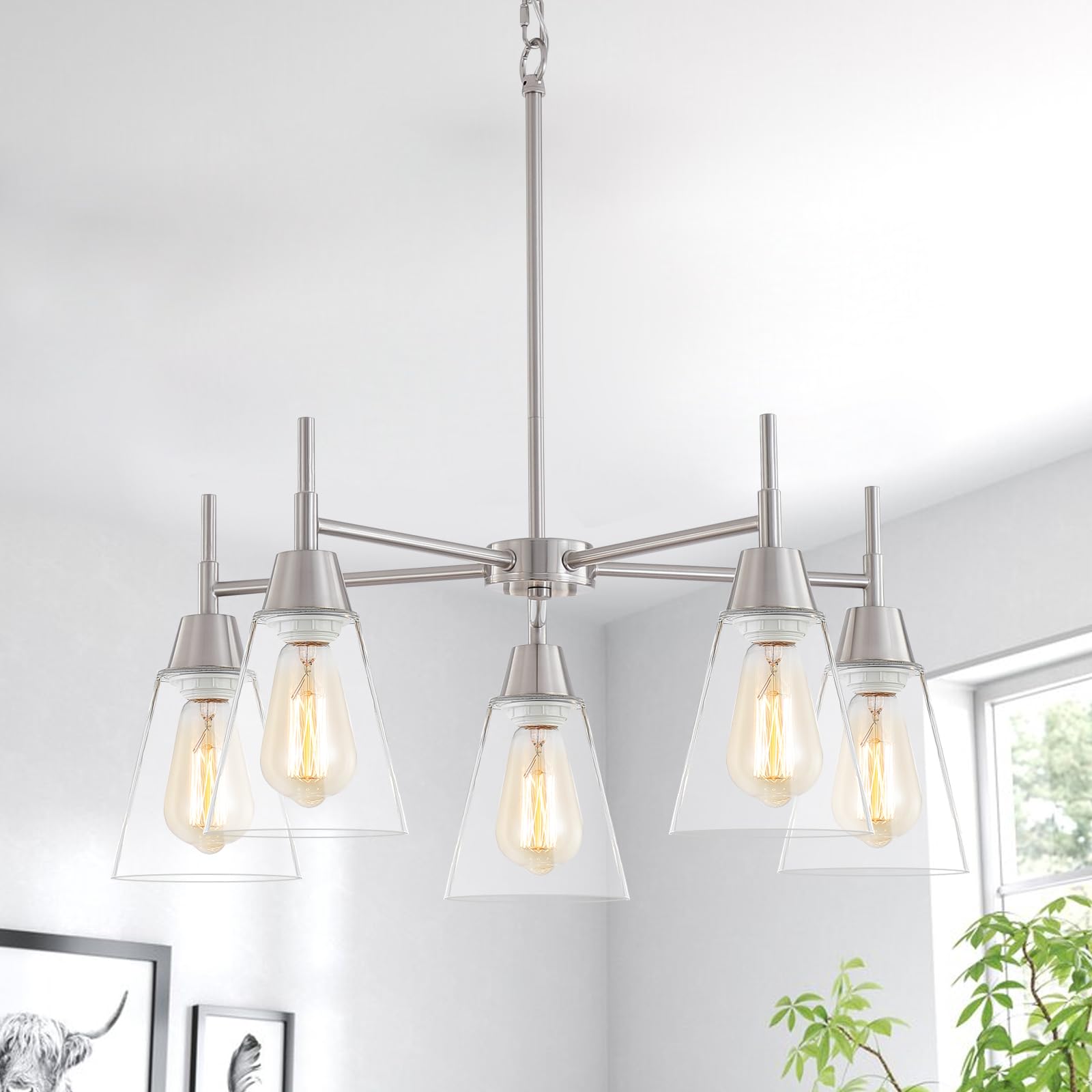 5-Light Gold Chandeliers for Dining Room,Modern Brass Chandelier Kitchen Island Light Fixtures Over Table,Pendant Ceiling Hanging Lighting with Clear Glass Shade for Entryway Foyer Hallway