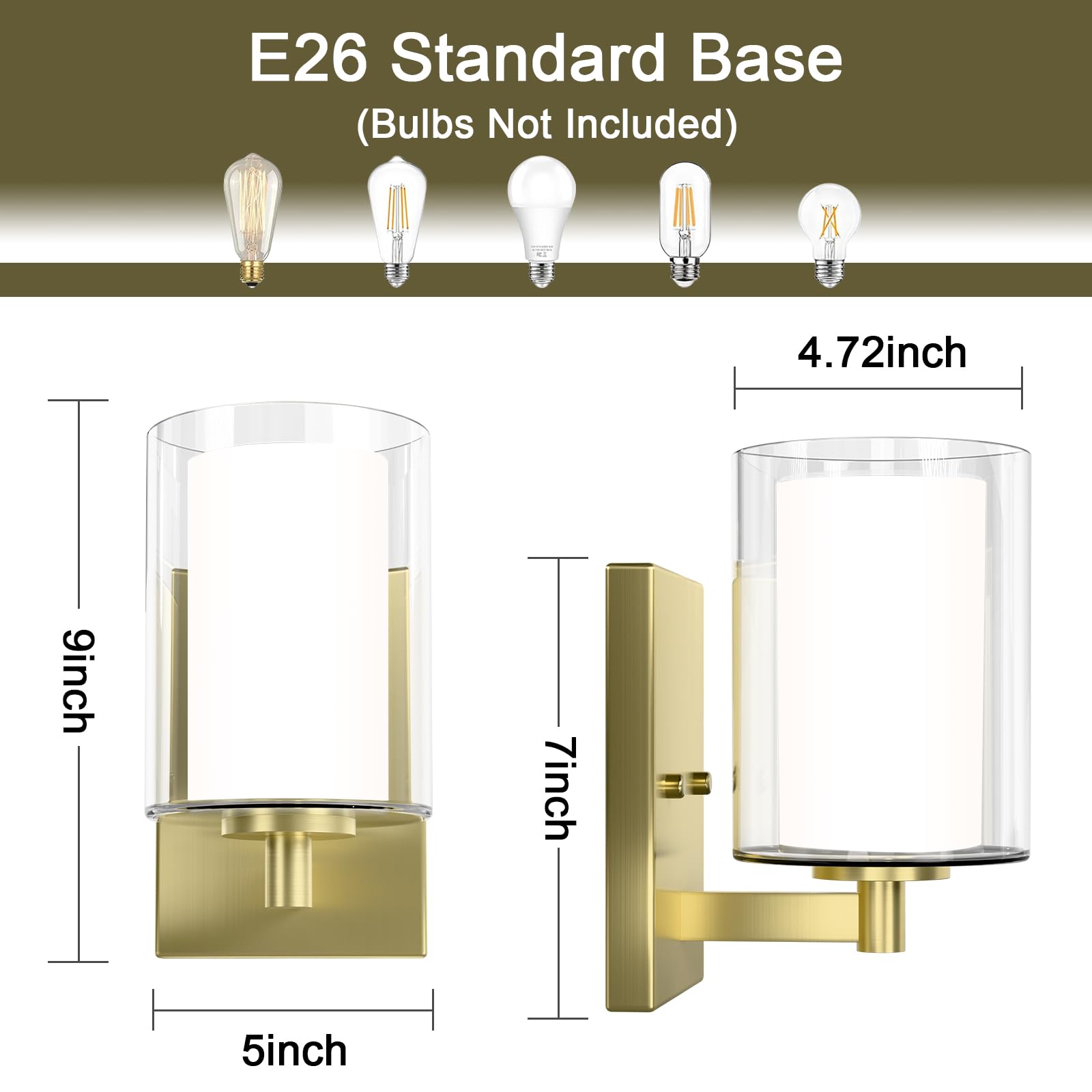 Wall Sconces Set of 2 Modern Vanity Lights with Double Clear Glass Shade Matte Black Indoor Farmhouse Wall Lights for Bathroom Living Room Bedroom Hallway Bulb E26 Base (Bulbs Not Included)