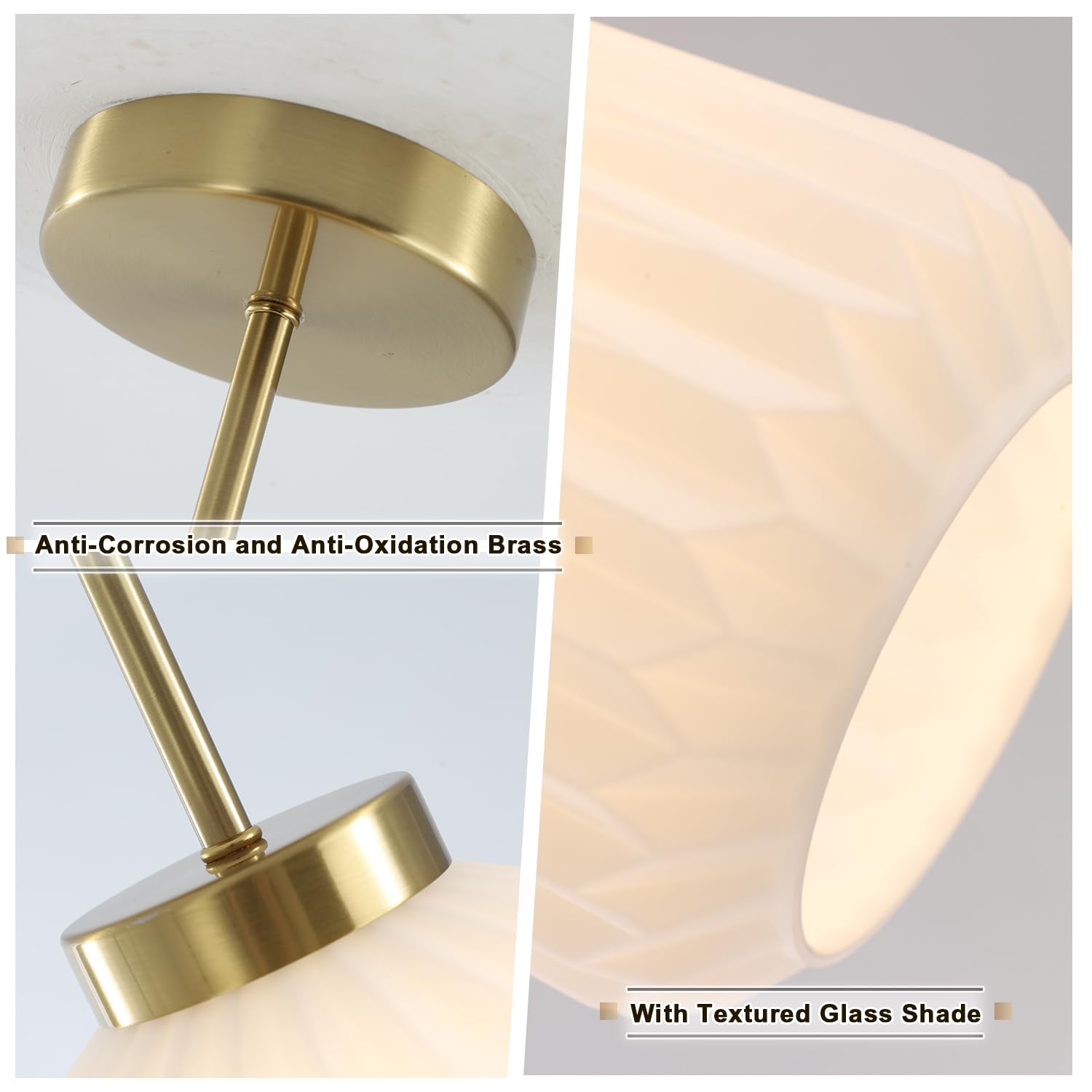 Semi Flush Mount Ceiling Light Mid Century Interior Ceiling Light with White Striation Glass Shade Gold Ceiling Light Fixture for Hallway Corridor Kitchen Bathroom