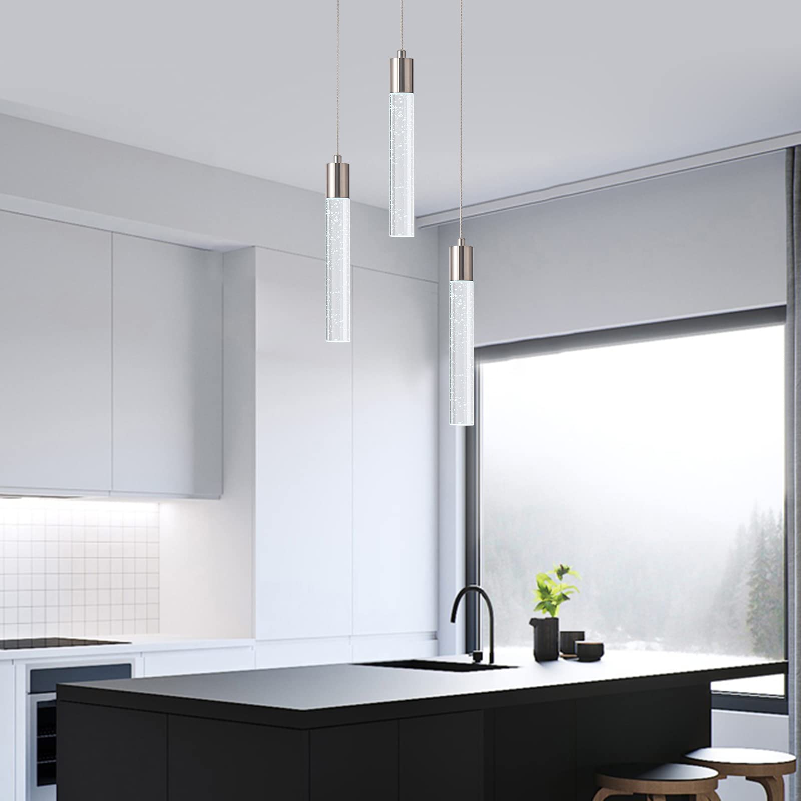 Modern Pendant Lighting 5-Light Linear Chandeliers Dimmable LED Pendant Lights Kitchen Island Lighting with Matte Black Finish and Acrylic Shades for Kitchen Island and Dining Room…