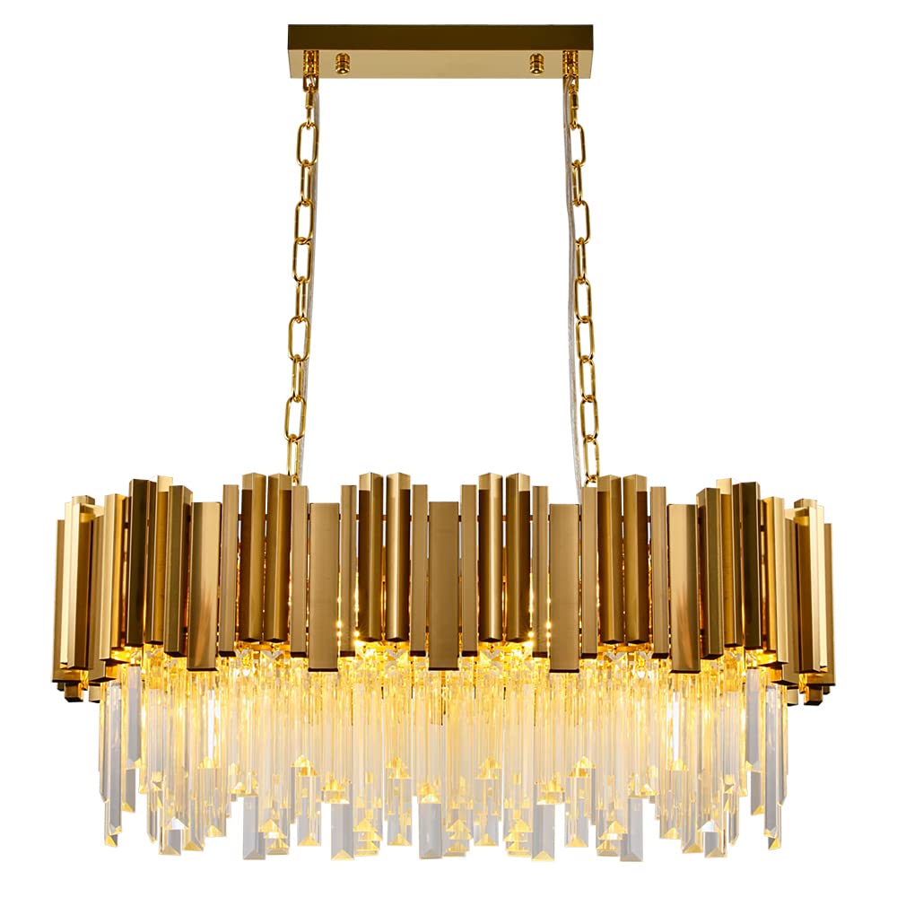 Modern K9 Crystal Pendant Lighting, Round Gold Crystal Chandelier Contemporary Luxury Pendant Ceiling Lighting Fixture for Dining Living Room Kitchen Island, Antique Gold