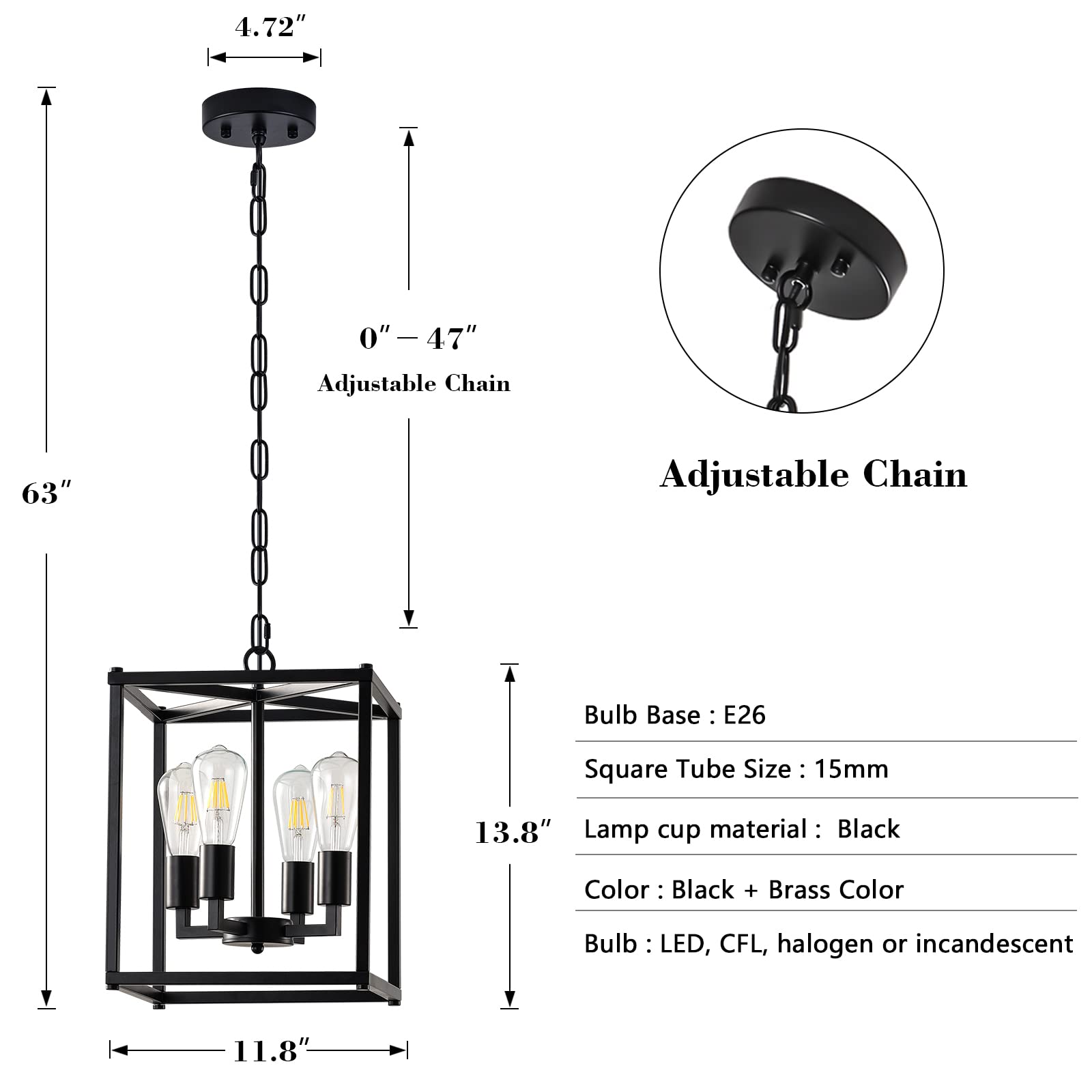 4-Light Black Chandelier,Modernized Ceiling Hanging Light Fixture for Bedroom Kitchen Island Foyer Living Room Dining Room Hallway