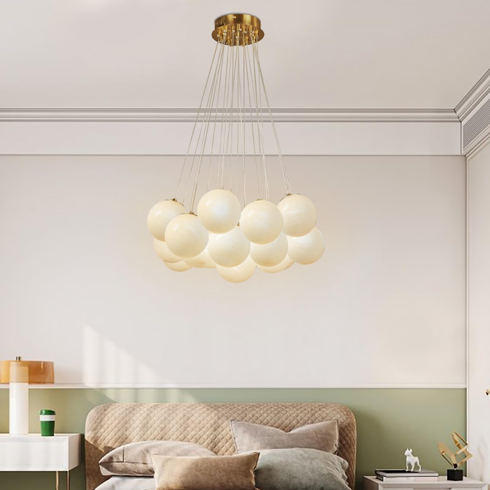 23" Bubble Globe Chandelier, 13-Light Globe Chandelier Light Fixture, Pendant Light Fixture with Milky White Glass Big Balls for Bedroom Dining Room Living Room(G9 Bulbs Included, UL Listed)