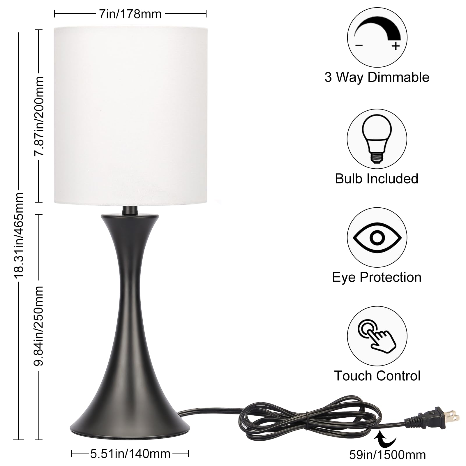 3 Way Touch Control Table Lamp, Dimmable Bedside Desk Lamp with Metal Base Modern Nightstand Lamp Stylish Grey Shade Simple Side Table Lamp for Bedroom, Living Room, Office or Den LED Bulb Included