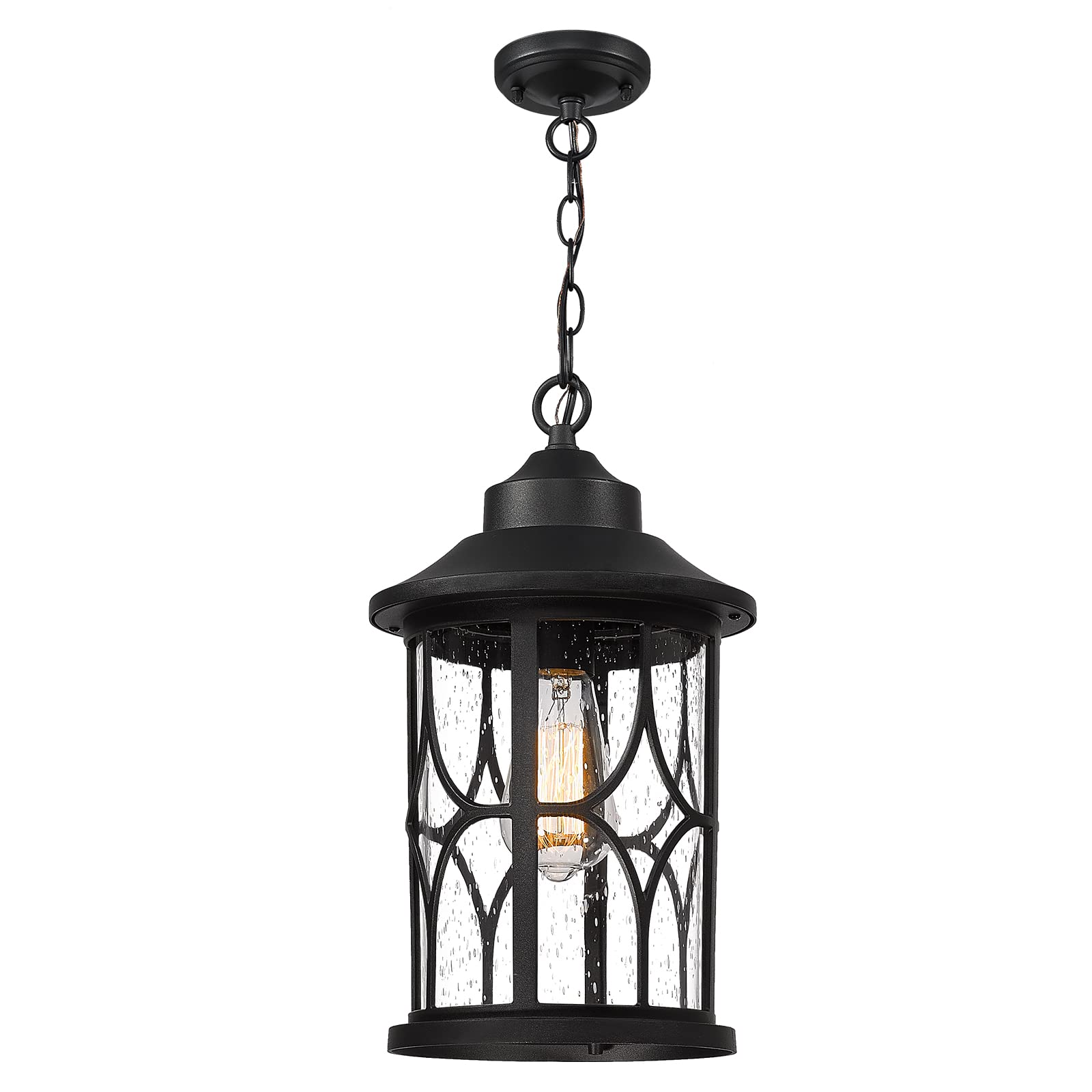 Outdoor Pendant Light for Porch - 12 Inch Farmhouse Exterior Hanging Lantern with Seeded Glass, Black Finish, ZX48H BK