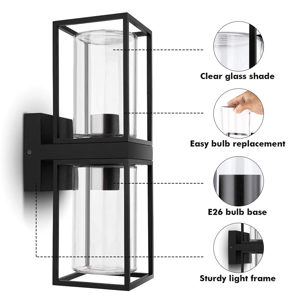 Outdoor Wall Sconce, Modern Black Porch Light Fixtures, Exterior Light Fixtures Wall Mount Light with Clear Glass, Waterproof Wall Lantern for for Garage, Doorway