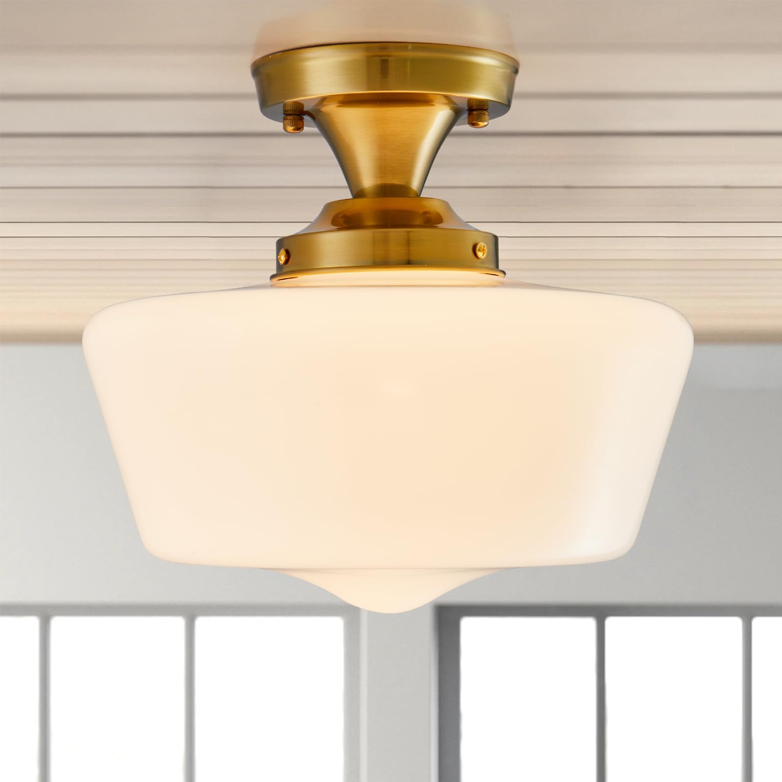 Light Fixture Modern Gold Ceiling Light,Semi Flush Mount Ceiling Light,12''Wide Opal Milk Glass Shade,Brass Vintage Light for Farmhouse Bedroom Kitchen Hallway Entryway