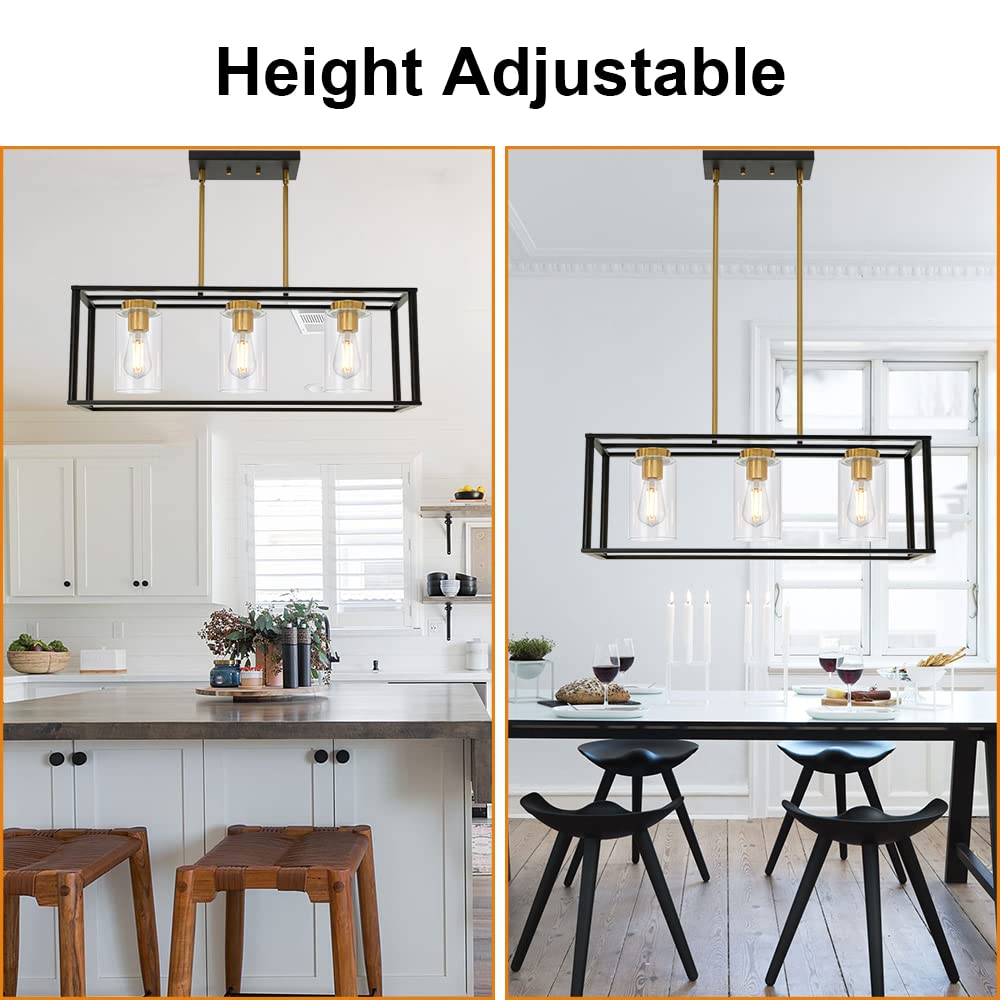 3-Light Industrial Metal Large Pendant Lighting Oil Rubbed Bronze Modern Linear Chandelier with Clear Glass Shades Farmhouse Rustic Ceiling Light Fixtures Hanging for Dining Room Kitchen Island