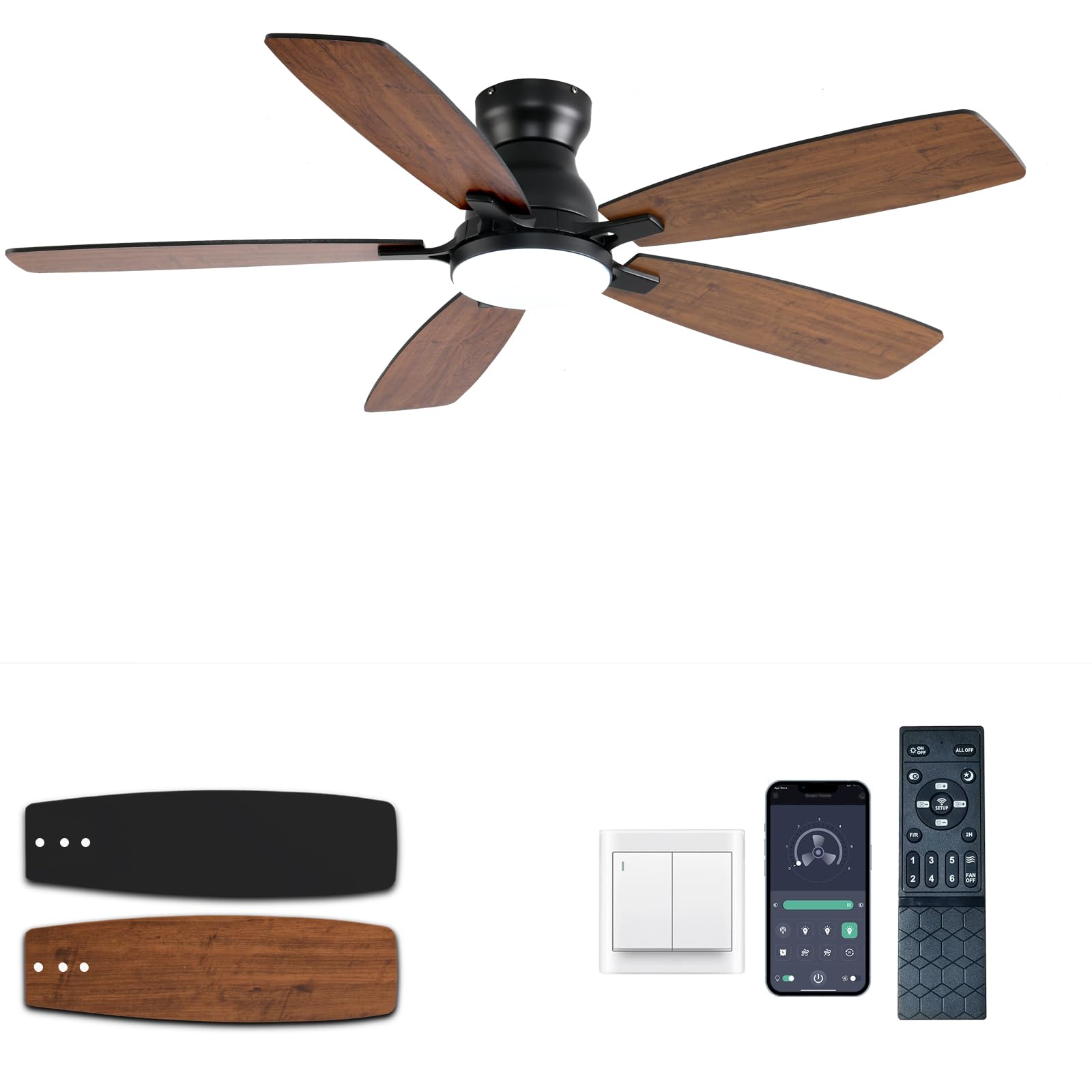 Ceiling Fans with Lights, 52 Inch Low Profile Ceiling Fan with Light and Remote Control, Flush Mount, DC Reversible Motor, Noiseless, Black 6 Speeds Ceiling Fan for Bedroom