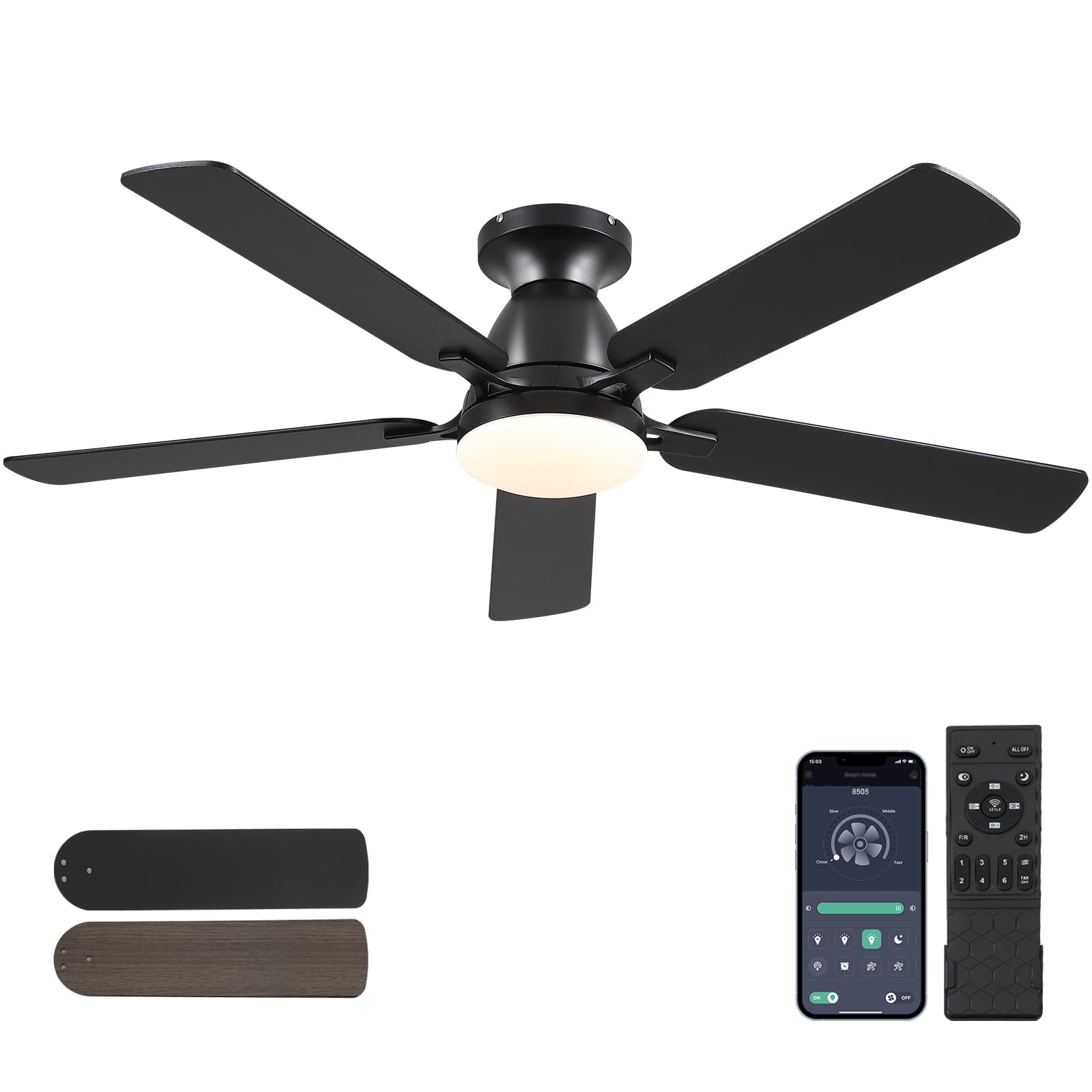 Ceiling Fans with Lights- 46"Low Profile Indoor Ceiling Fan with Light and Remote/APP Control, Flush Mount, LED Dimmable DC Reversible Modern Ceiling Fan for Bedroom（Black）