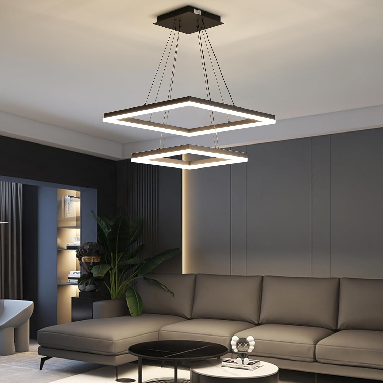 Modern LED Chandelier, Double Rectangles Ceiling Pendant Lights, LED Island Lights Dimmable Chandeliers for Dining Room Living Room Bedrooms, Black (40CM/60CM)