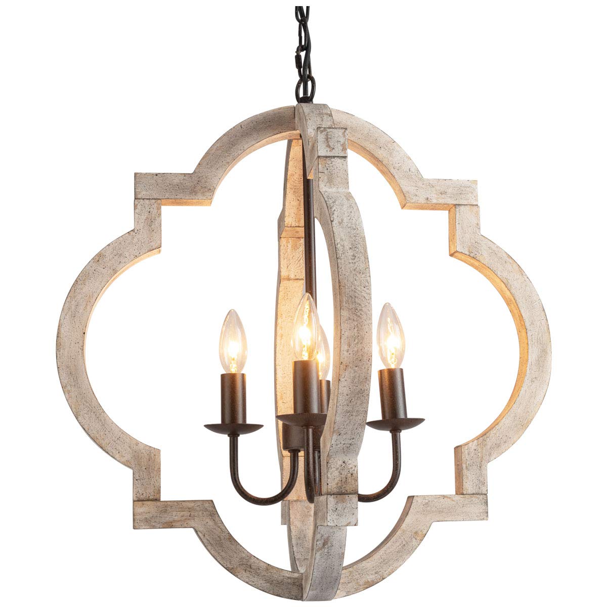 Farmhouse Wood Chandelier Geometric Lantern Pendant Light 4-Light for Indoor Kitchen Island Dining Living Room Foyer