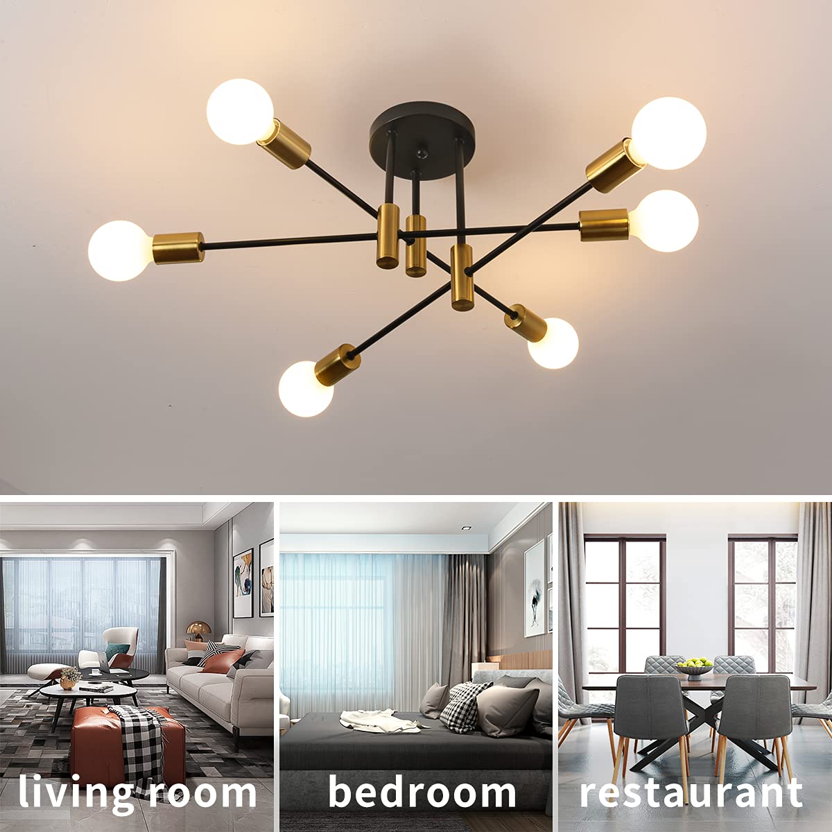 10 Lights Modern Sputnik Ceiling Chandelier Gold Industrial Ceiling Lamp Mid Century Semi Flush Mount Ceiling Light Fixture for Kitchen Dining Room Living Room Bedroom Foyer Lighting