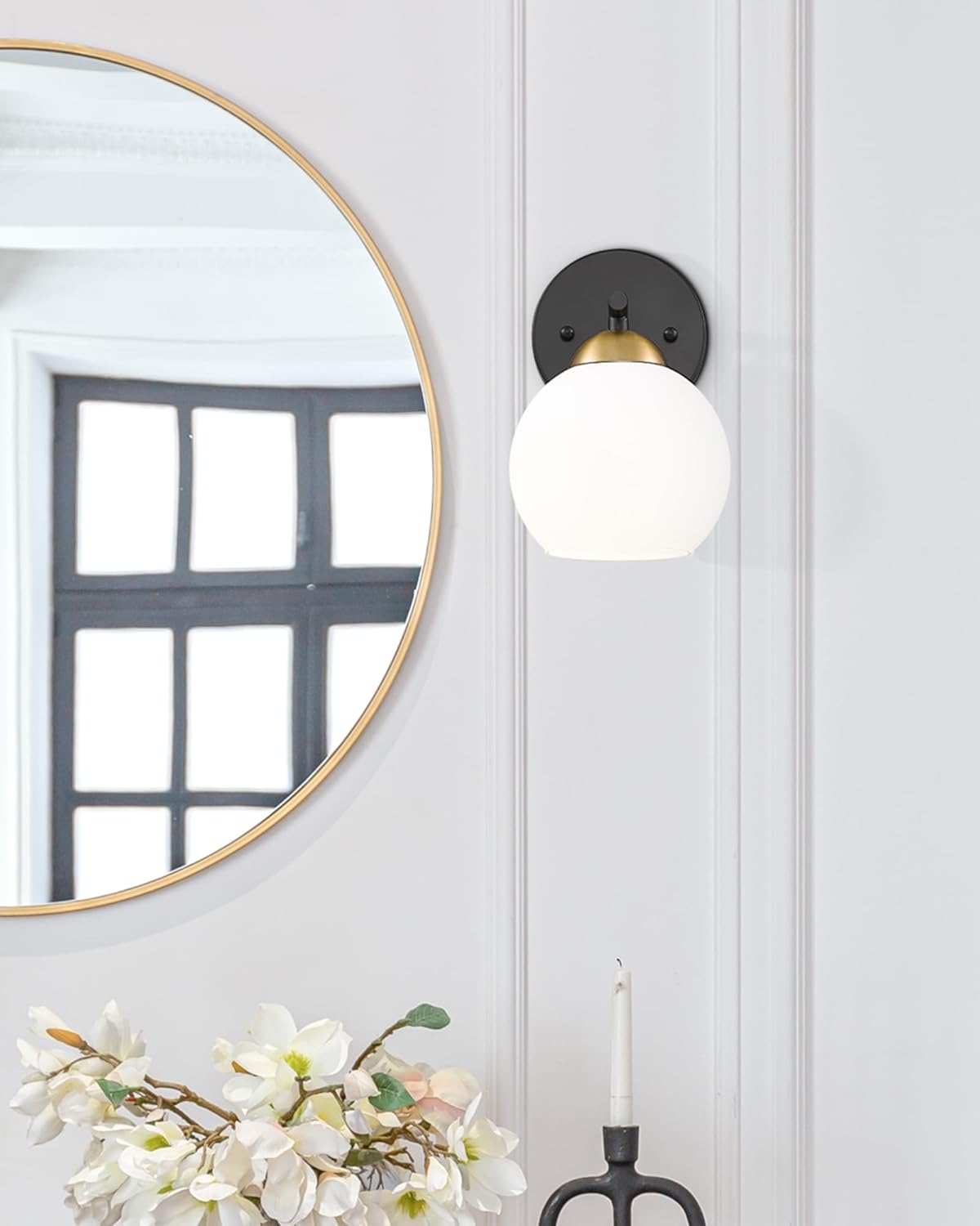 Black Vanity Lights for Mirror, Modern Farmhouse 2-Light Bathroom Light Fixtures Globe Bathroom Vanity Light with Milk Glass Shade, VL114-BK-ML-2