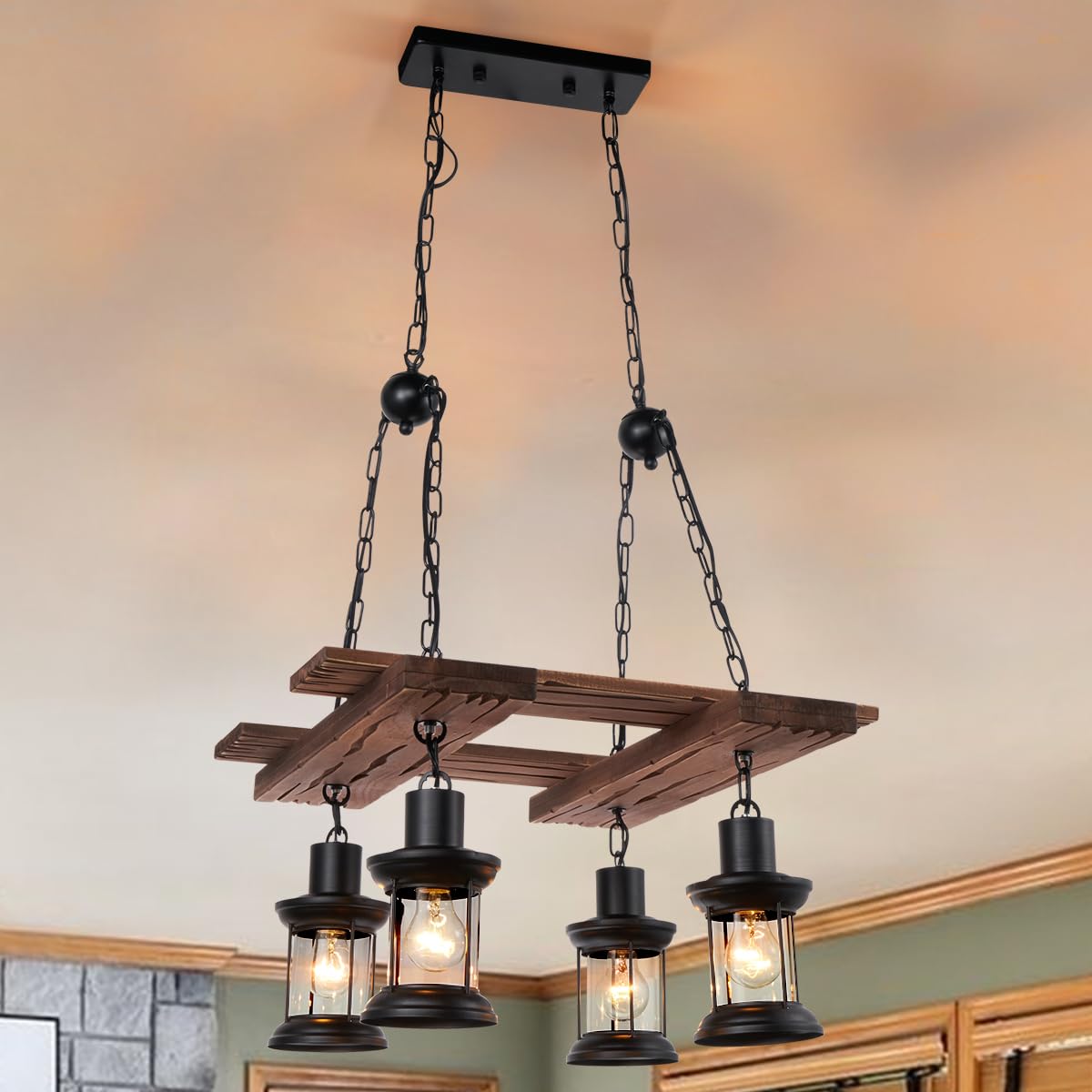 8 Lights Industrial Retro Wooden Chandelier Pendant Light Island Hanging Ceiling Fixture Vintage Farmhouse Wood Light Adjustable Chain for Home Cafe Bar Restaurant (39.4")