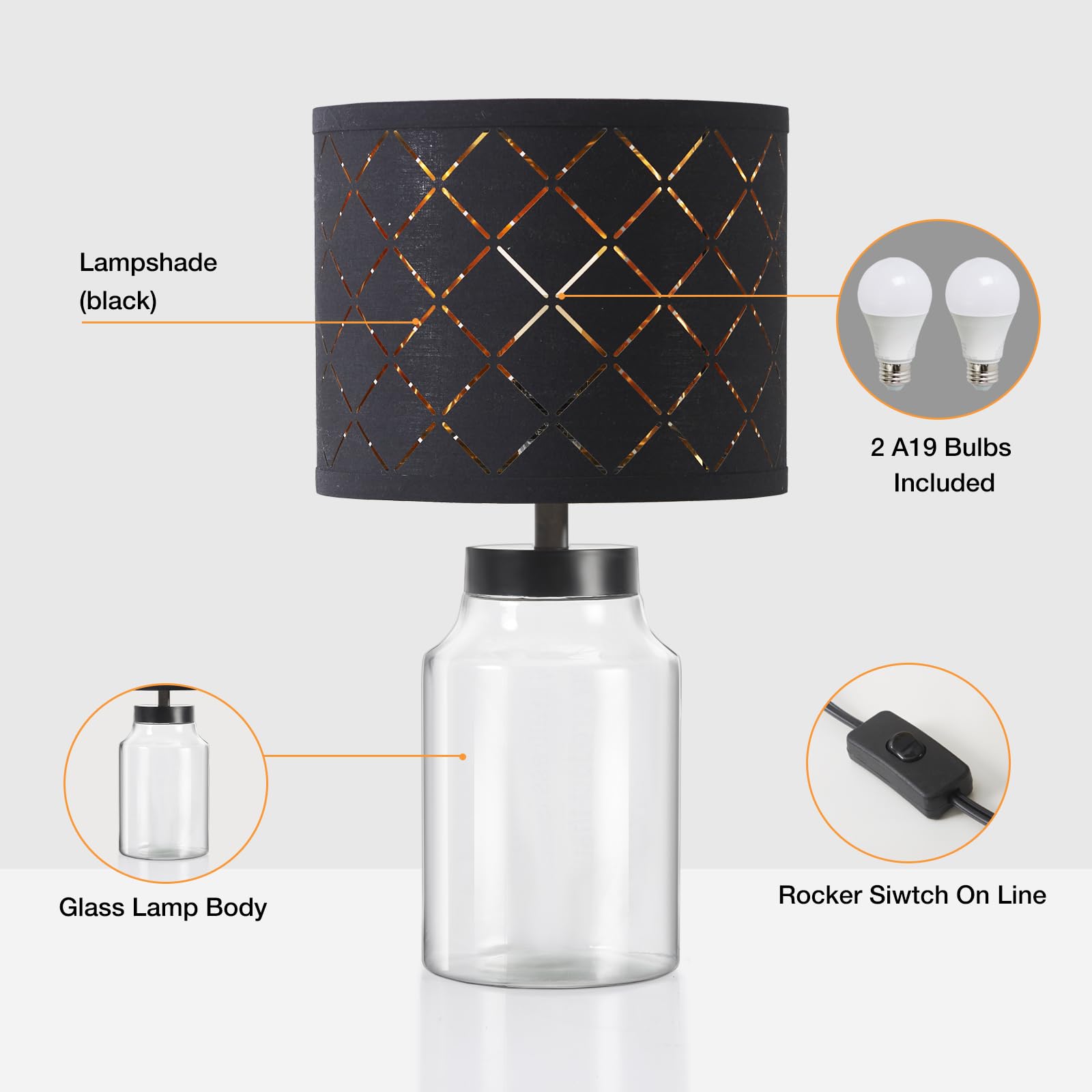 Fillable Table Lamp, Table Lamp with Clear Glass Fillable Modern Table Lamp with Black Square lampshade Beside Lamp for Living Room Bedrooms Office Bulbs Included(Black Square)