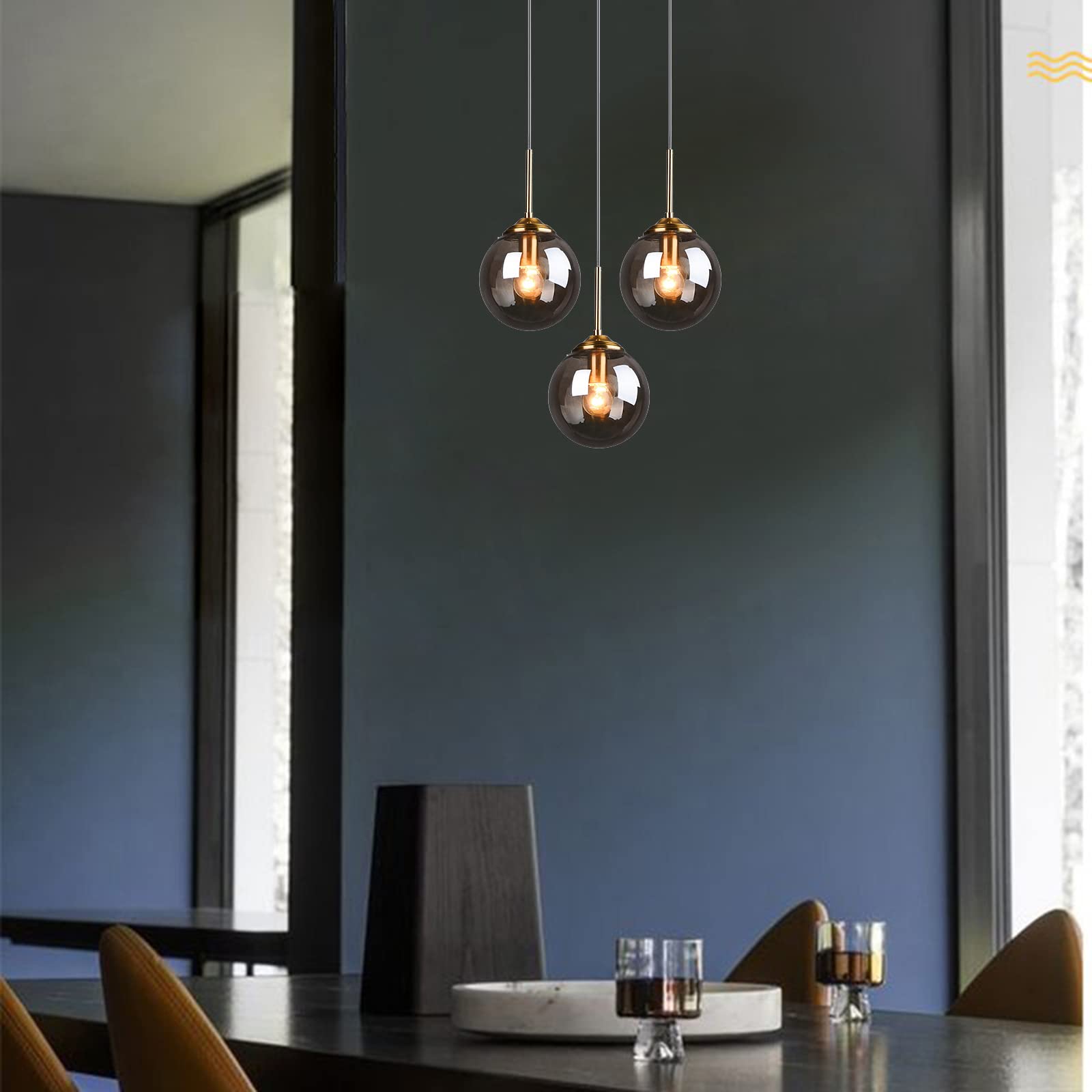 3-Light Glass Pendant Lighting Fixture with 5.12" Shades Gold Hanging Ceiling Lamp with Multiple Shades Pendant Light for Kitchen Island,Dining Room Chandelier (Transparent)