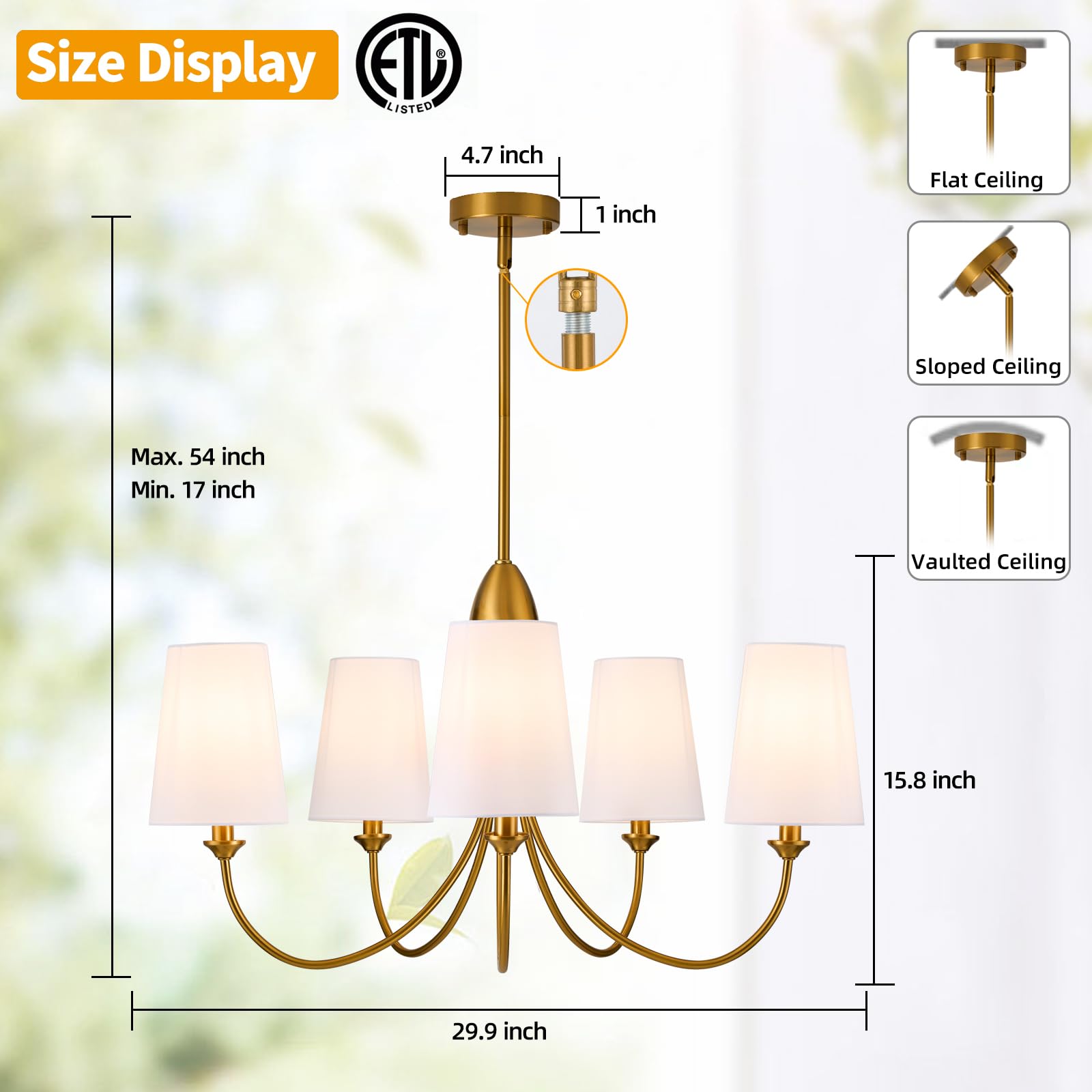 Gold Chandelier Light Fixture,5-Light Farmhouse Chandeliers for Dining Room with White Fabric Shade,30''Metal Modern Industrial lighting fixtures for Kitchen,Living Room, Bedroom, Foyer,Entryway