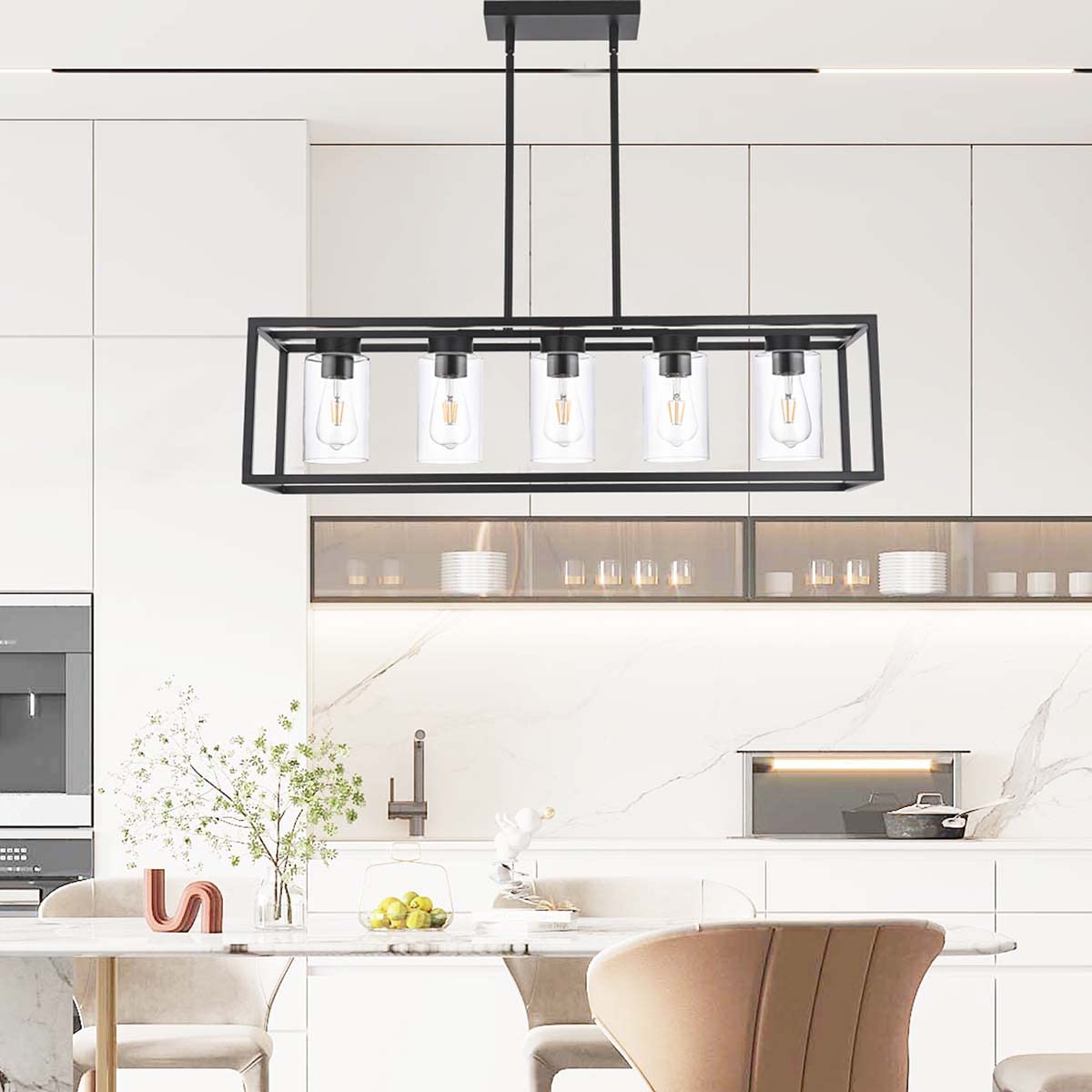 Farmhouse Chandelier for Kitchen Island, Matte Black 5-Light Dining Room Lighting Fixtures, Modern Rectangular Pendant Lighting Chandelier with Clear Glass Shade