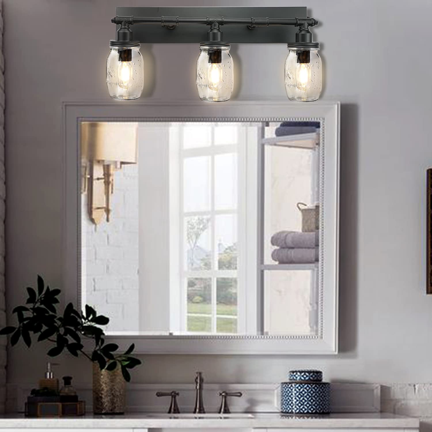 Bathroom Wall Light Fixtures, Industrial Mason Jar Vanity Light, Wall Sconce with Black Finish (3 Lights)