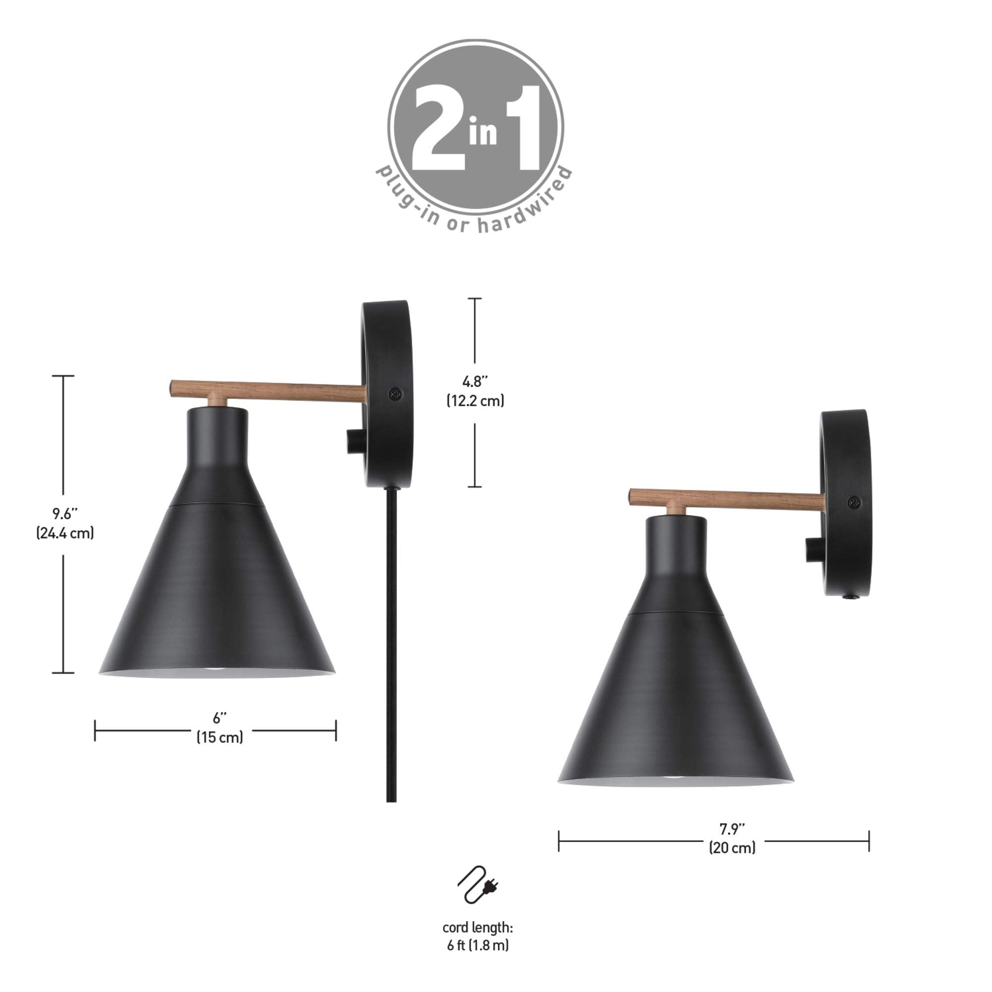 Globe Electric 51725 1-Light Dimmable Plug-in or Hardwire Wall Sconce, Matte Black, Faux Walnut Accent, Stepless Dimming Rotary Switch on Canopy, Black Fabric Cord, Bulb Not Included