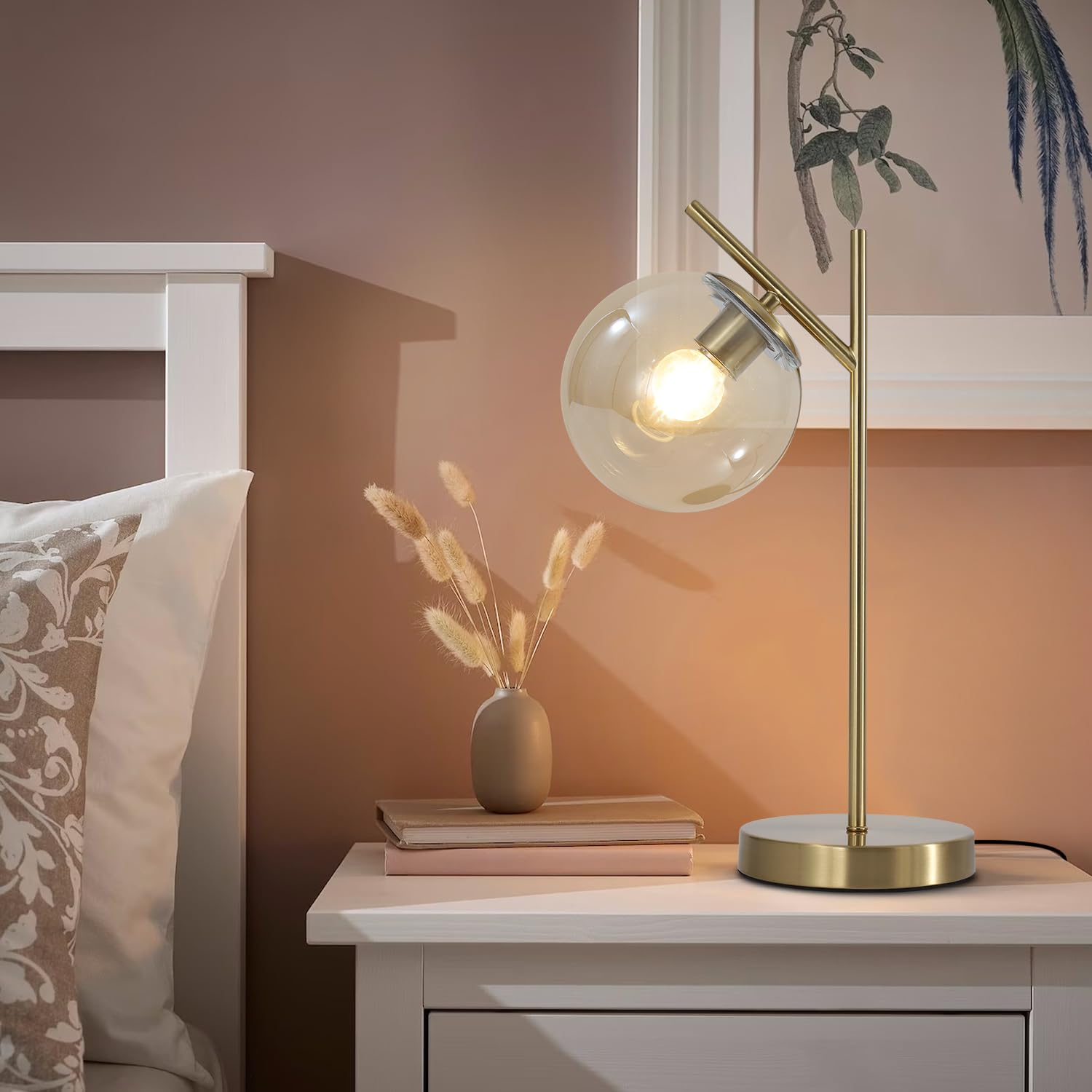 Globe Table Lamp 1 Light Brass Glass Globe Table Lamp Contemporary Metal Table Lamp Bedside Table lamp with Milky White Glass lampshade Bedroom Living Room Study Room(H19.2)