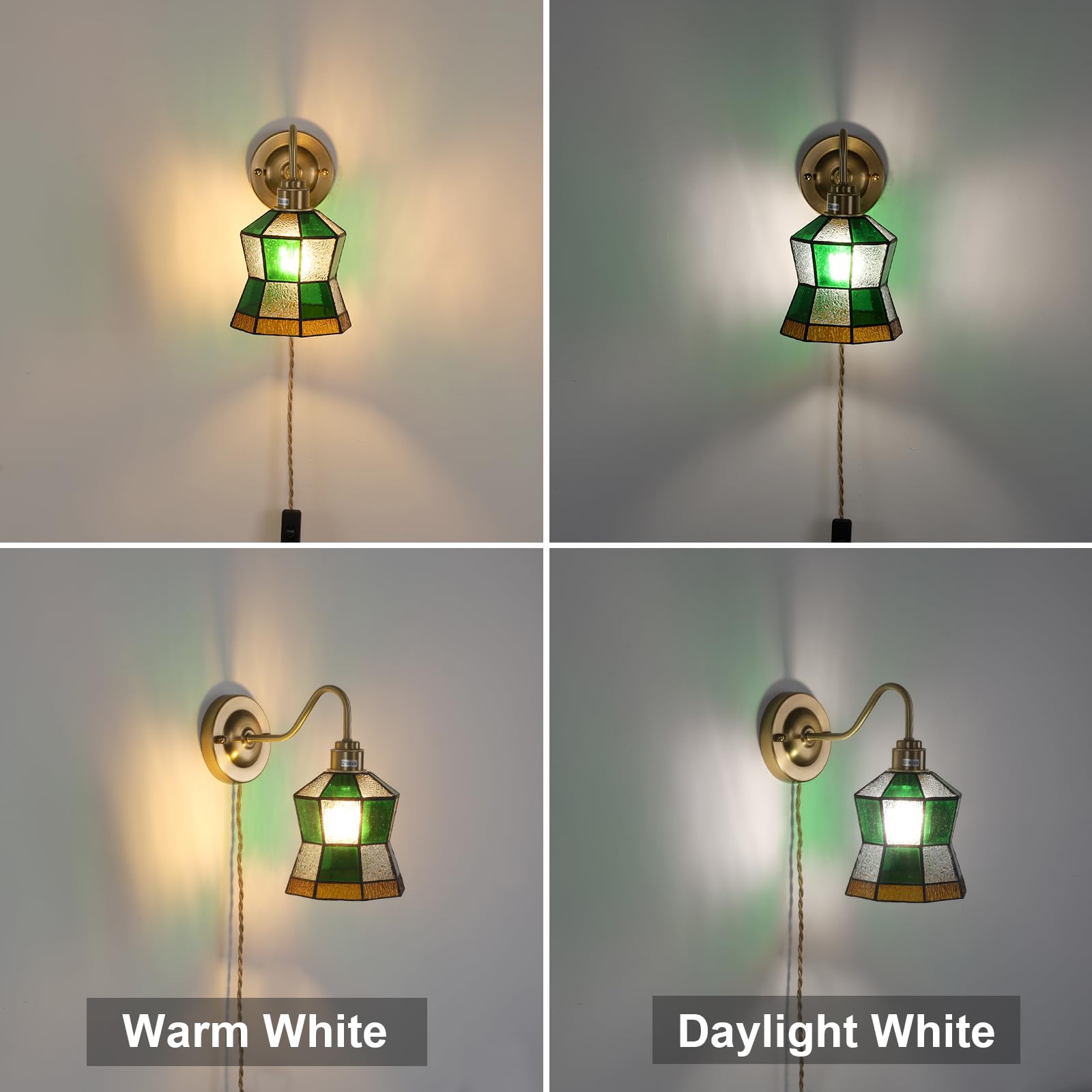 Wall Sconce, Wall Mounted Lamps with Green Checker Sconce, Stained Glass Shade Brass Wall Lights Fixture with Plug in Cord and Switch for Bedroom Bathroom Living Room Hallway