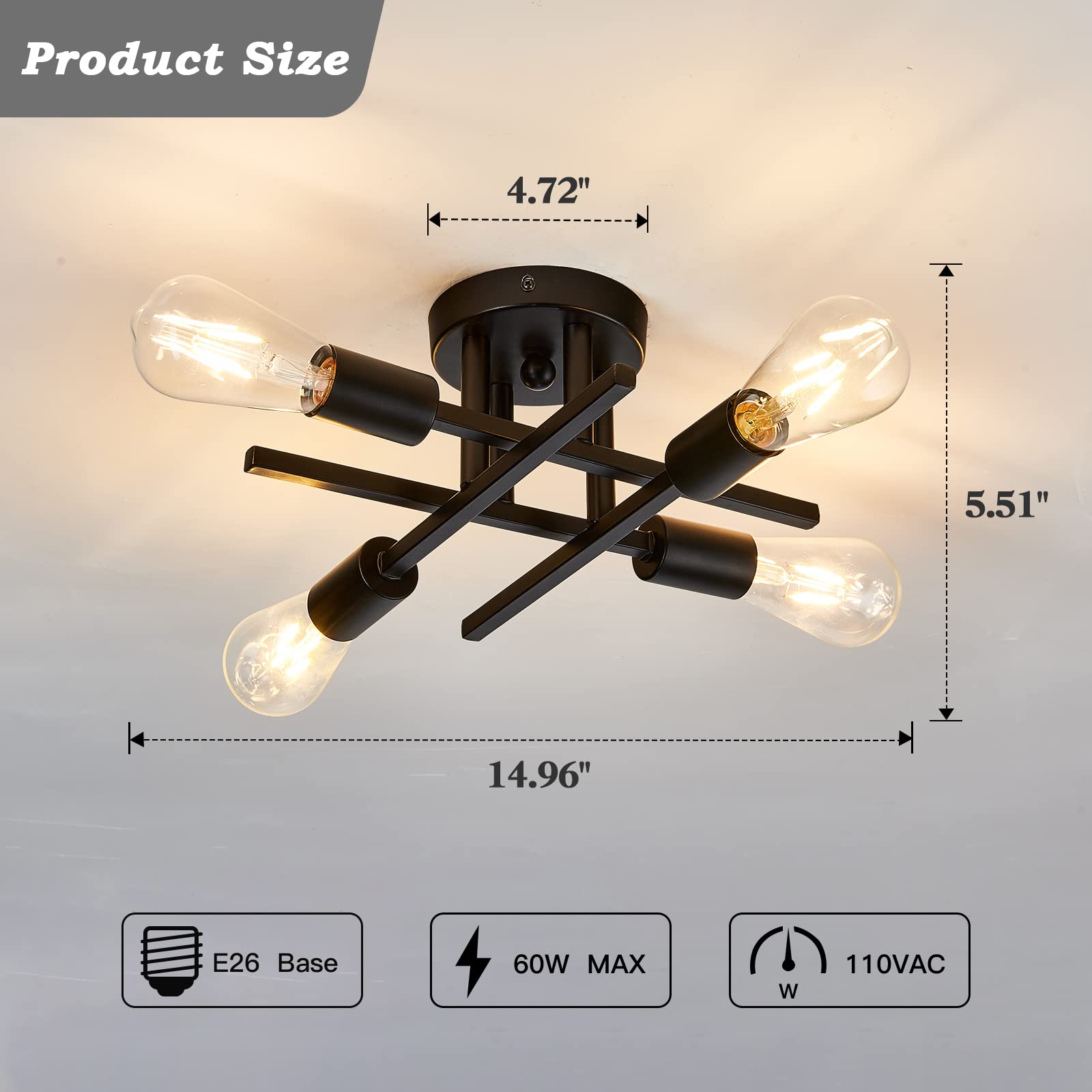 4-Light Semi Flush Mount Ceiling Light Fixture 2 Pack Ceiling Light Matte Black with E26 Base Modern Ceiling Light for Porch Bedroom Hallway Kitchen Farmhouse